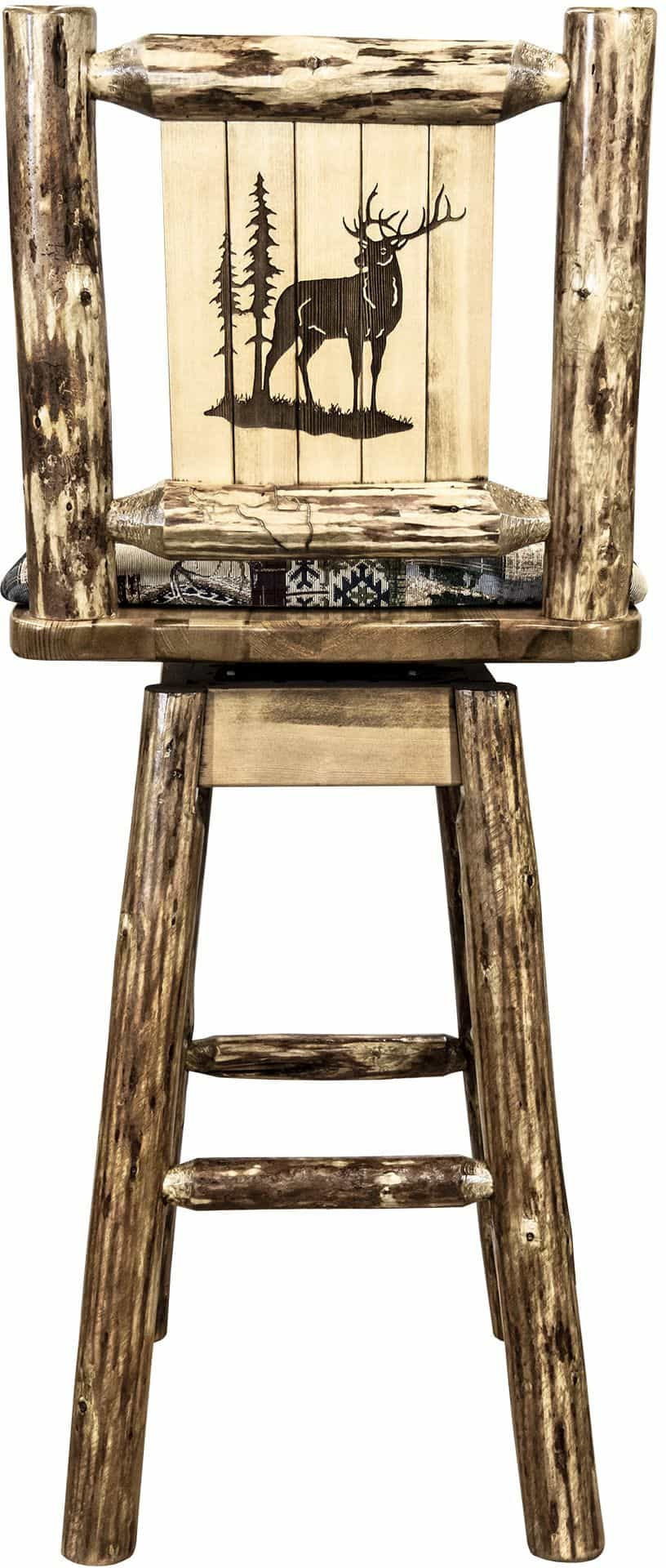 Montana Woodworks Glacier Country Collection Barstool with Back & Swivel - Woodland Pattern Upholstery-Rustic Furniture Marketplace