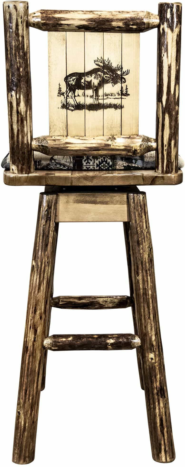 Montana Woodworks Glacier Country Collection Barstool with Back & Swivel - Woodland Pattern Upholstery-Rustic Furniture Marketplace