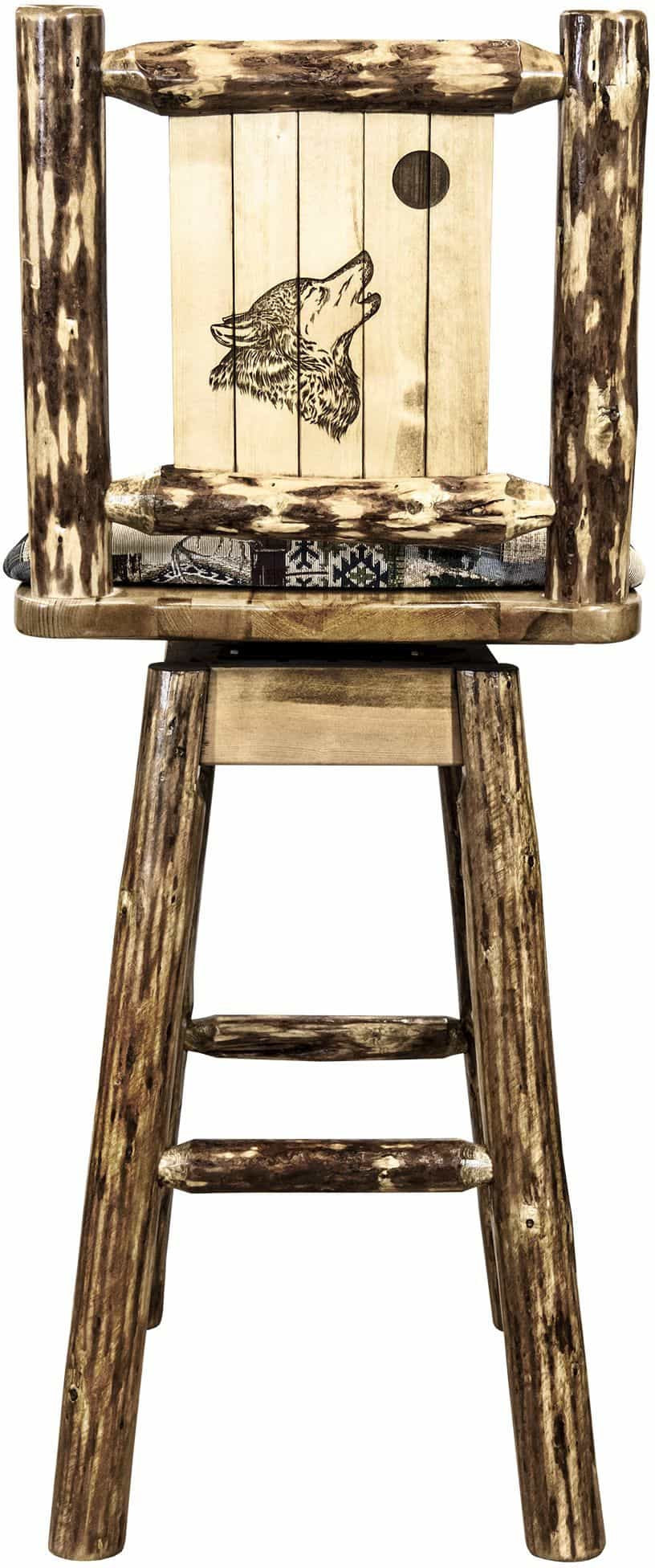 Montana Woodworks Glacier Country Collection Barstool with Back & Swivel - Woodland Pattern Upholstery-Rustic Furniture Marketplace