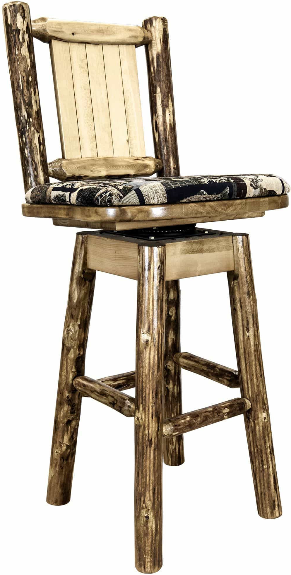 Montana Woodworks Glacier Country Collection Barstool with Back & Swivel - Woodland Pattern Upholstery-Rustic Furniture Marketplace