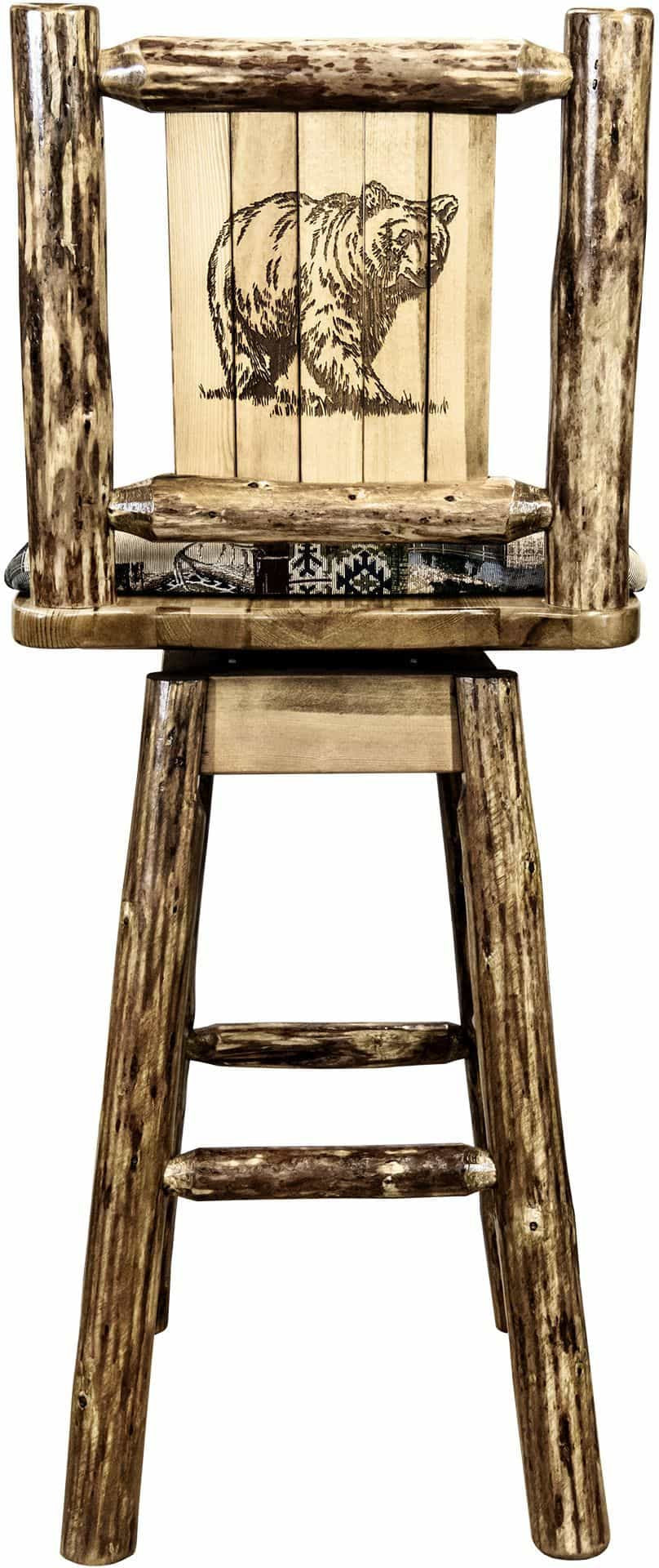 Montana Woodworks Glacier Country Collection Barstool with Back & Swivel - Woodland Pattern Upholstery-Rustic Furniture Marketplace