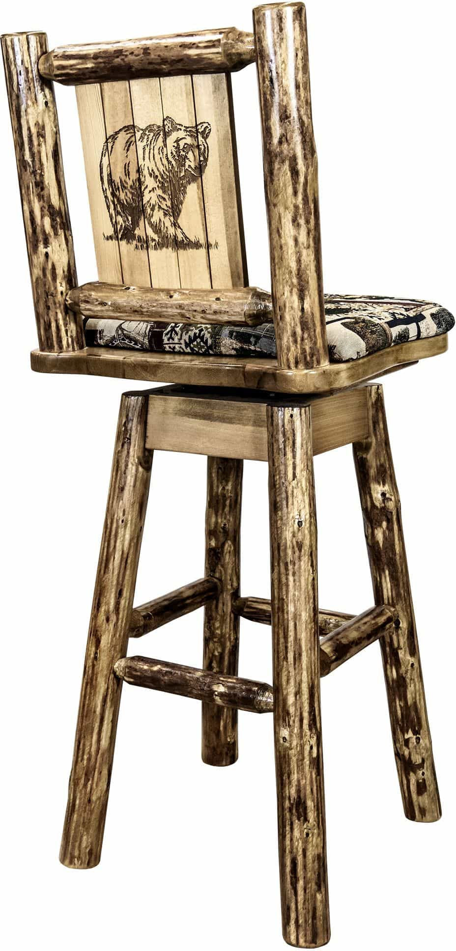 Montana Woodworks Glacier Country Collection Barstool with Back & Swivel - Woodland Pattern Upholstery-Rustic Furniture Marketplace