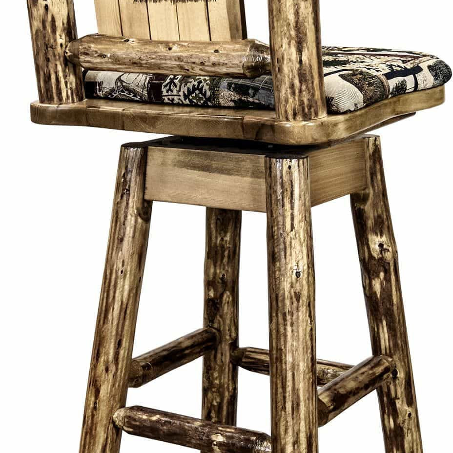 Montana Woodworks Glacier Country Collection Barstool with Back & Swivel - Woodland Pattern Upholstery-Rustic Furniture Marketplace