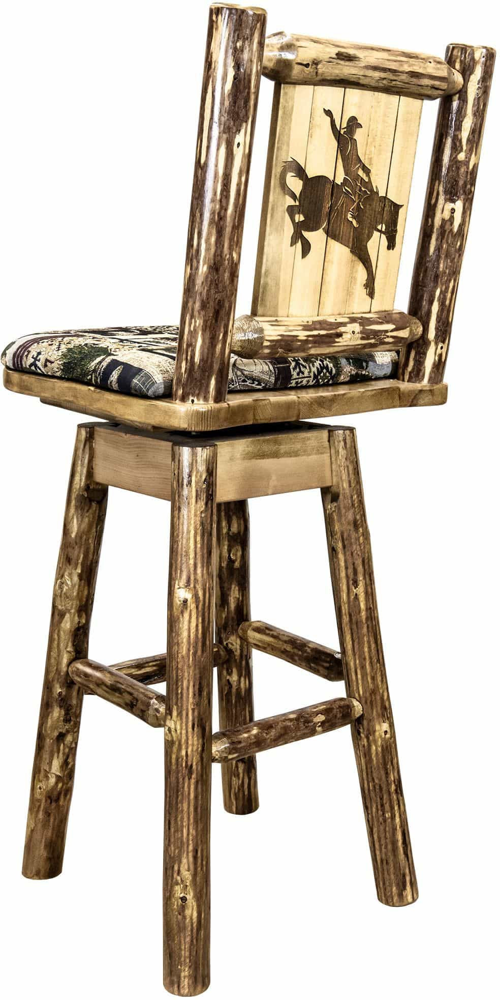 Montana Woodworks Glacier Country Collection Barstool with Back & Swivel - Woodland Pattern Upholstery-Rustic Furniture Marketplace