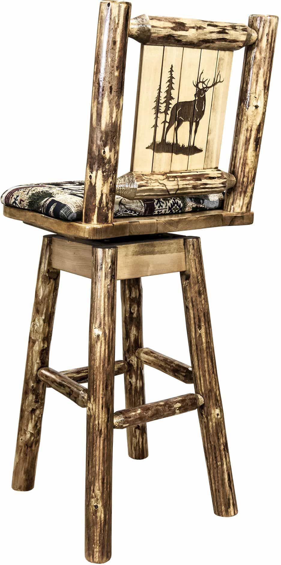 Montana Woodworks Glacier Country Collection Barstool with Back & Swivel - Woodland Pattern Upholstery-Rustic Furniture Marketplace