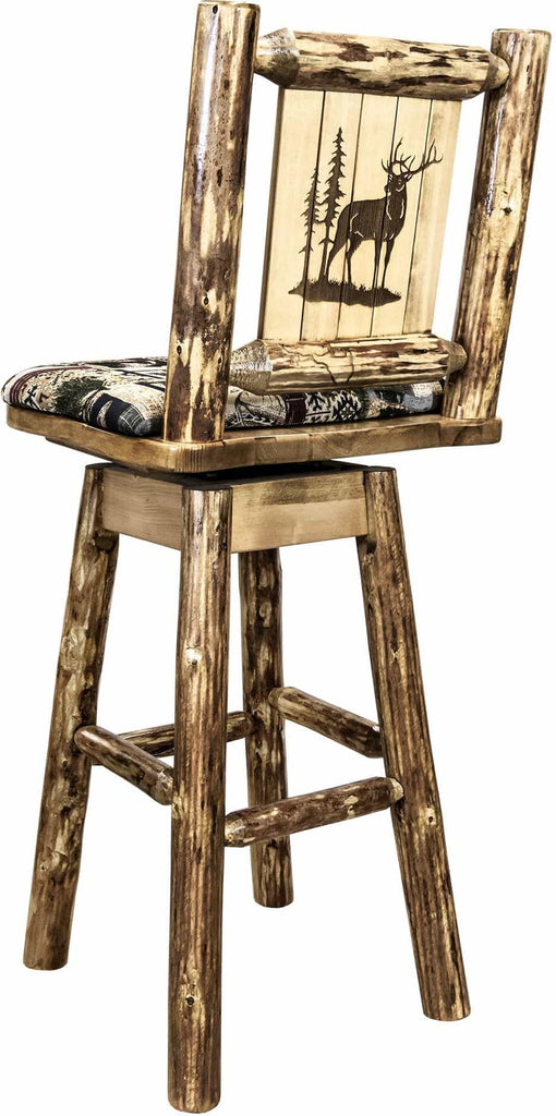 Montana Woodworks Glacier Country Collection Barstool with Back & Swivel - Woodland Pattern Upholstery-Rustic Furniture Marketplace