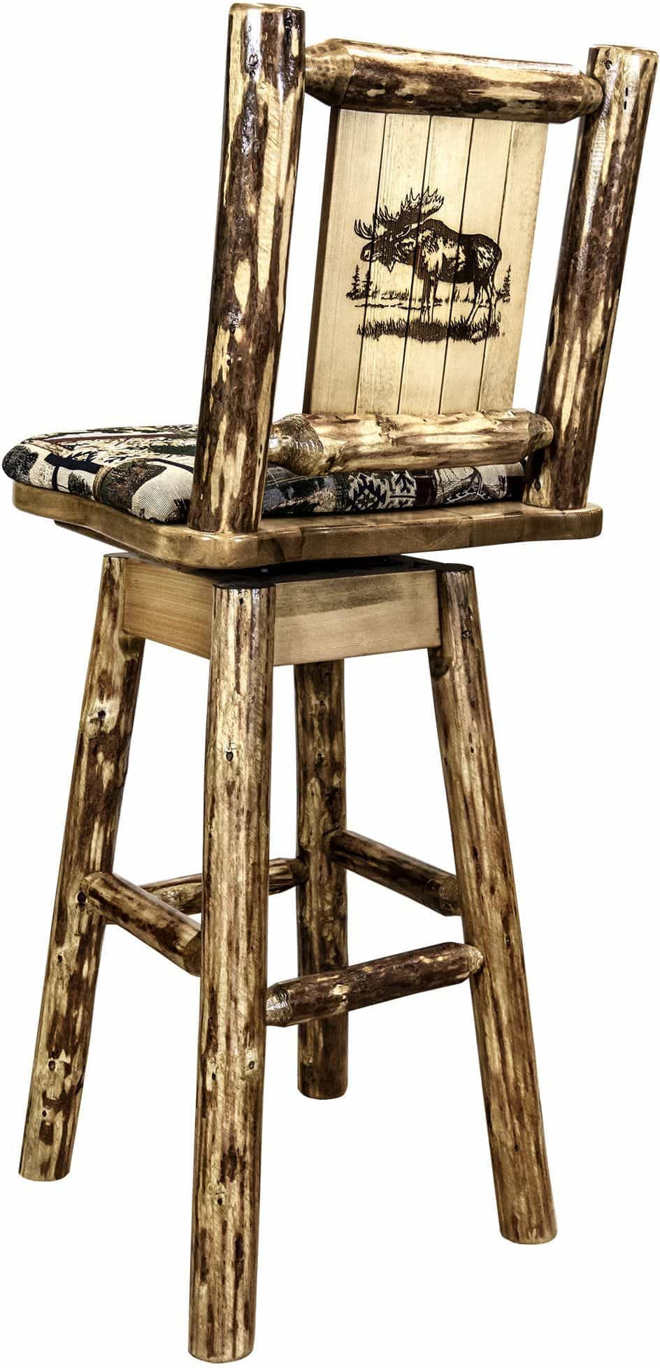 Montana Woodworks Glacier Country Collection Barstool with Back & Swivel - Woodland Pattern Upholstery-Rustic Furniture Marketplace