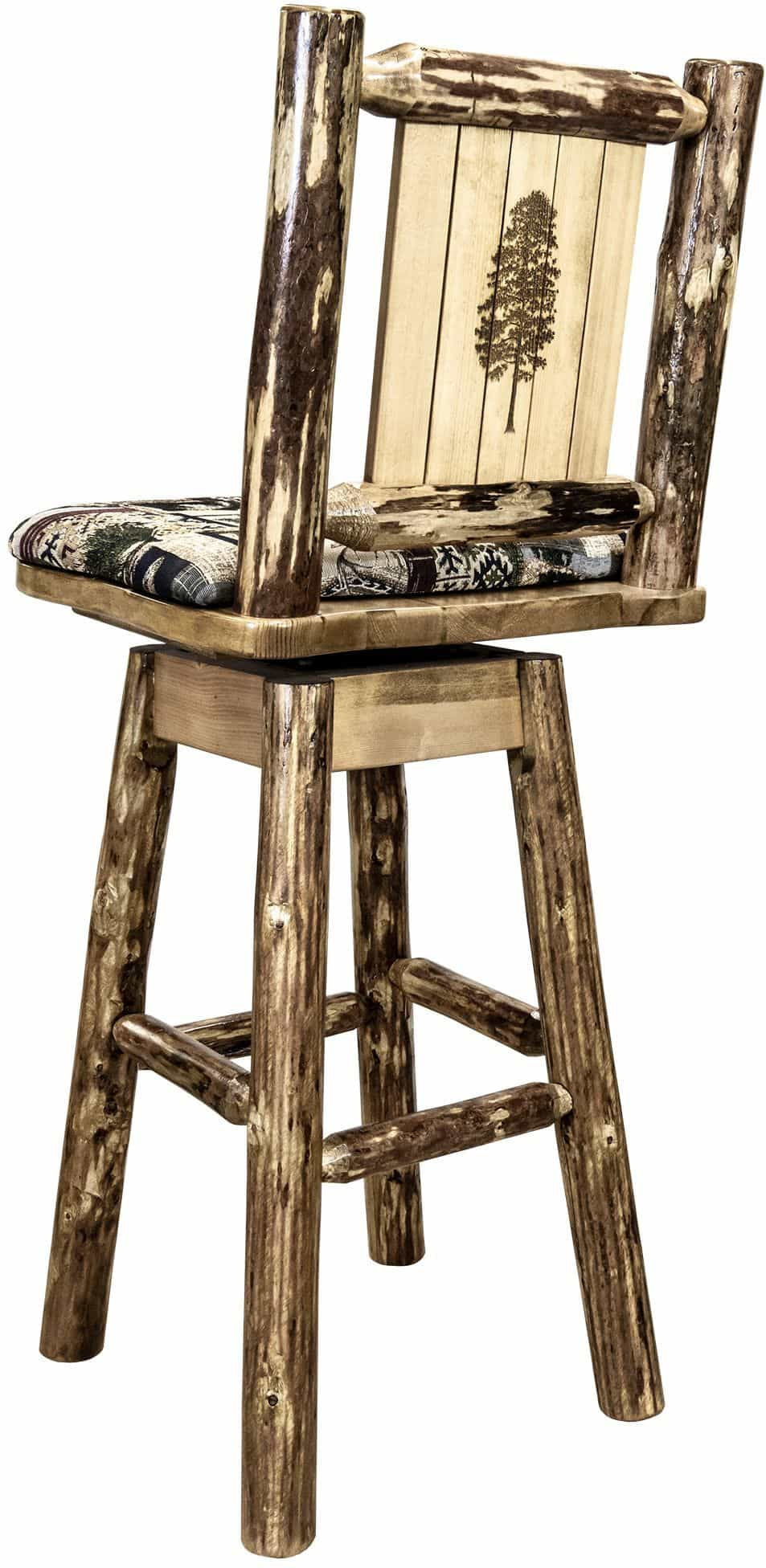 Montana Woodworks Glacier Country Collection Barstool with Back & Swivel - Woodland Pattern Upholstery-Rustic Furniture Marketplace