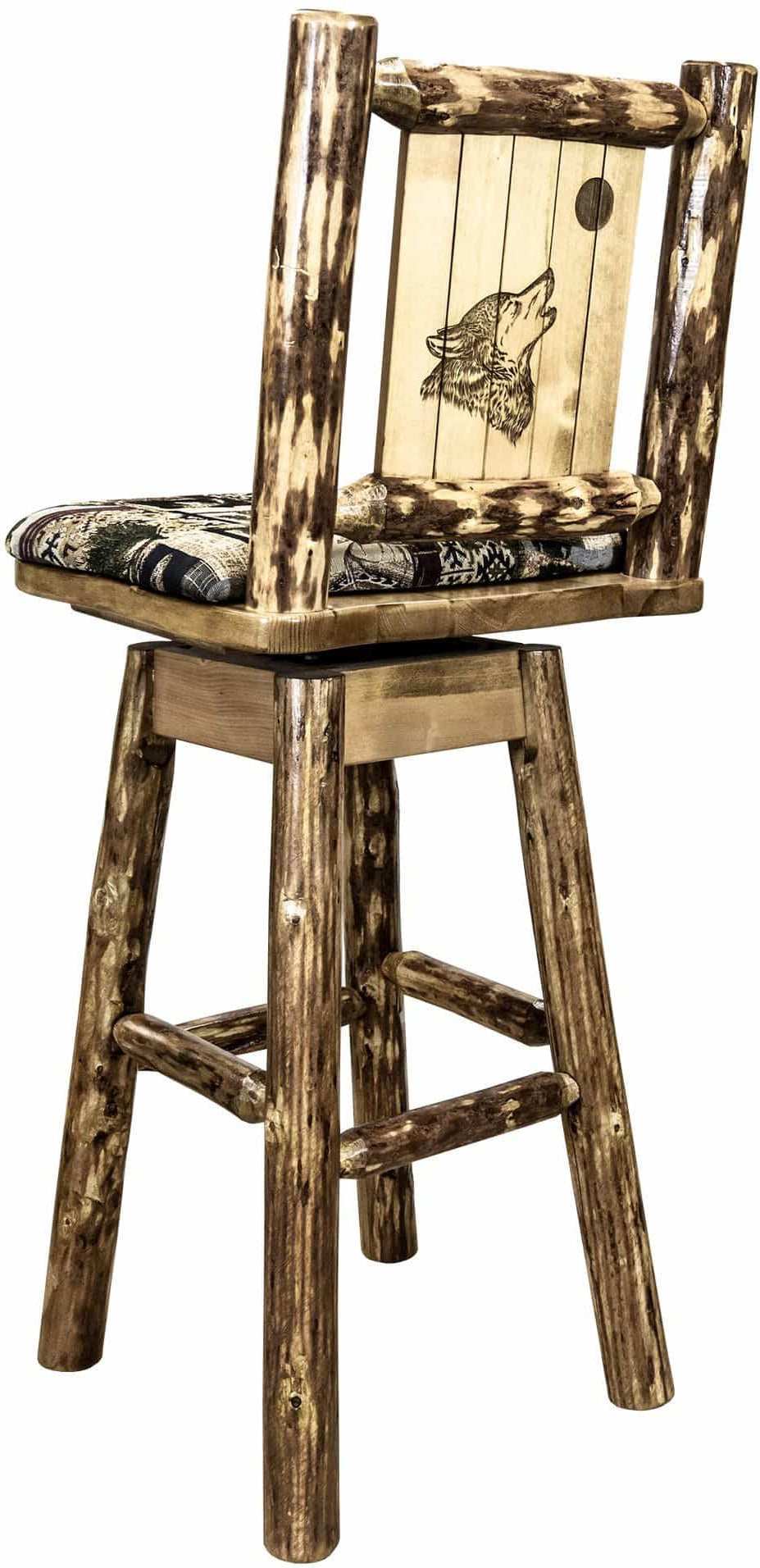 Montana Woodworks Glacier Country Collection Barstool with Back & Swivel - Woodland Pattern Upholstery-Rustic Furniture Marketplace