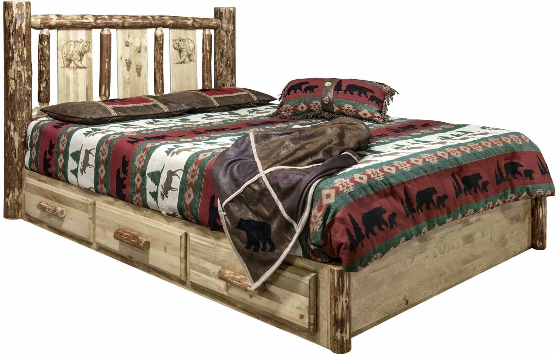 Montana Woodworks Glacier Country Collection California King Platform Bed with Storage & Laser Engraved Design-Rustic Furniture Marketplace
