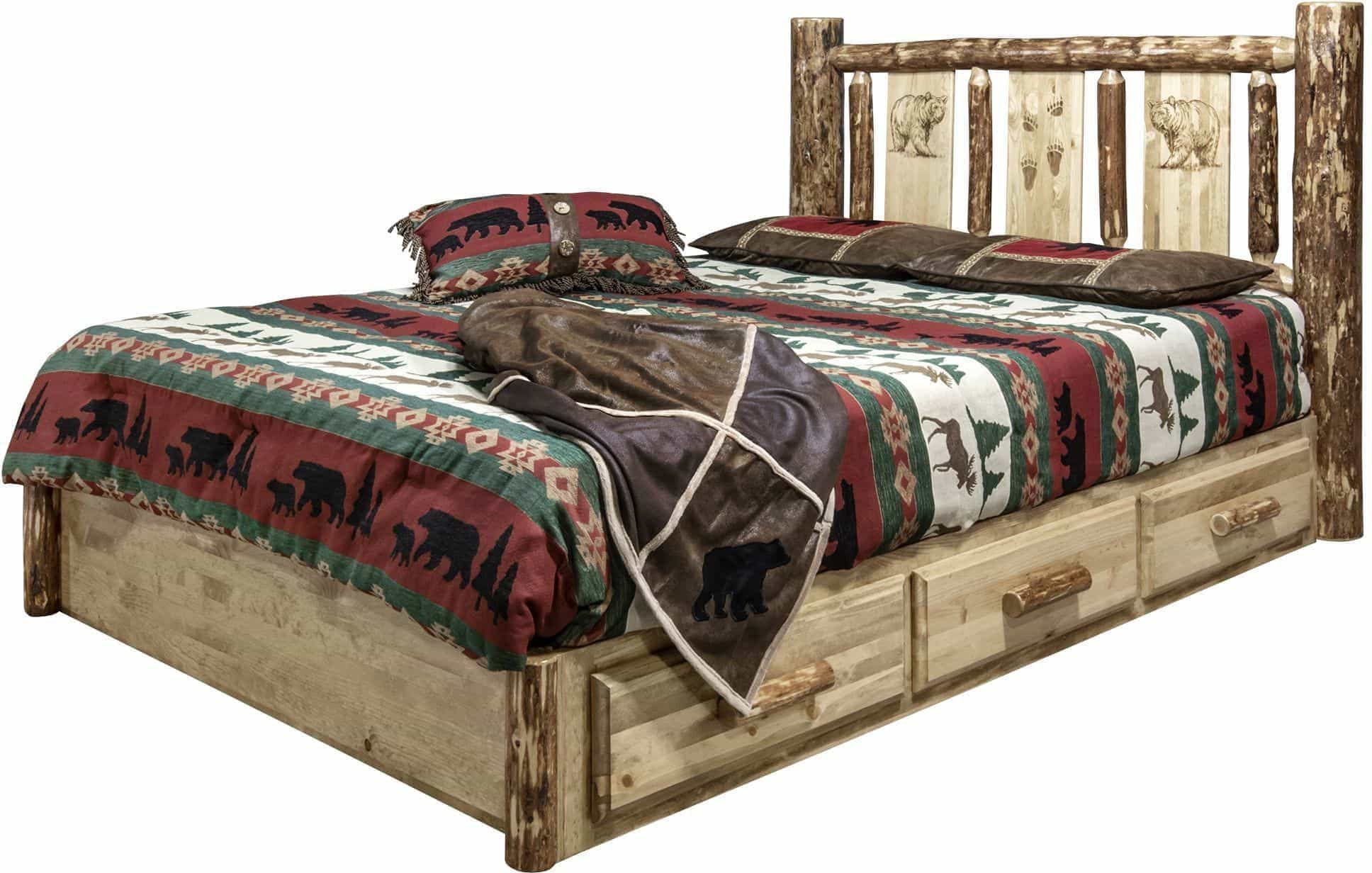 Montana Woodworks Glacier Country Collection California King Platform Bed with Storage & Laser Engraved Design-Rustic Furniture Marketplace