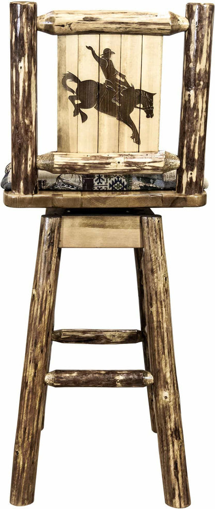 Montana Woodworks Glacier Country Collection Counter Height Barstool Woodland Upholstery with Laser Engraved Design-Rustic Furniture Marketplace