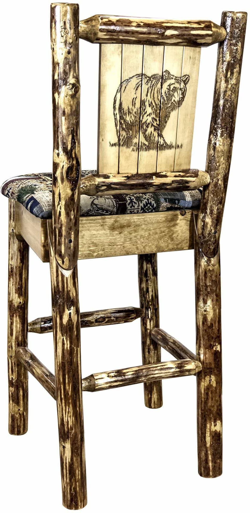 Montana Woodworks Glacier Country Collection Counter Height Barstool Woodland Upholstery with Laser Engraved Design-Rustic Furniture Marketplace