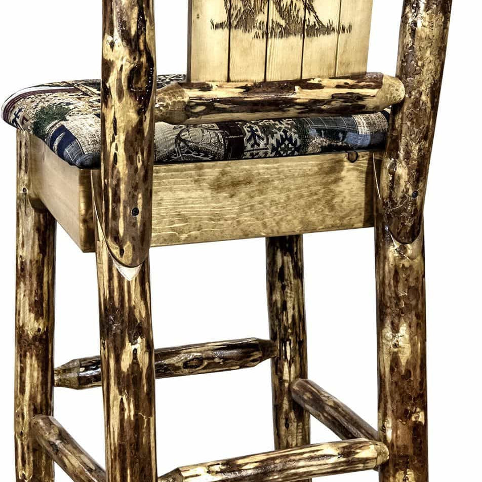 Montana Woodworks Glacier Country Collection Counter Height Barstool Woodland Upholstery with Laser Engraved Design-Rustic Furniture Marketplace