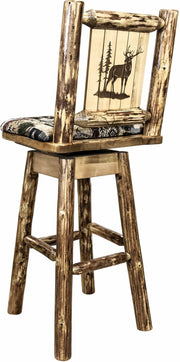 Montana Woodworks Glacier Country Collection Counter Height Barstool Woodland Upholstery with Laser Engraved Design-Rustic Furniture Marketplace