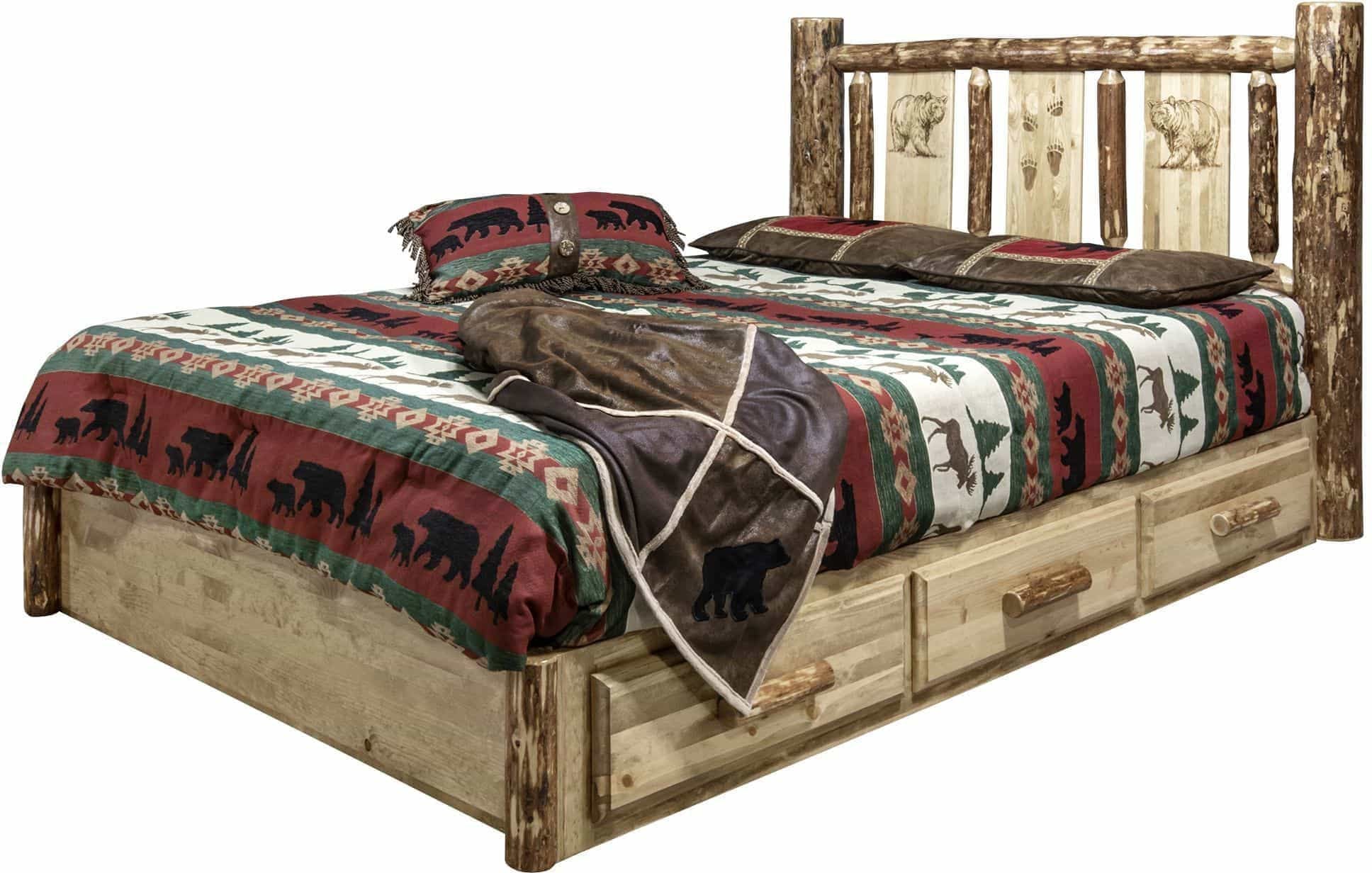 Montana Woodworks Glacier Country Collection Full Storage Platform Bed with Laser Engraved Design-Rustic Furniture Marketplace