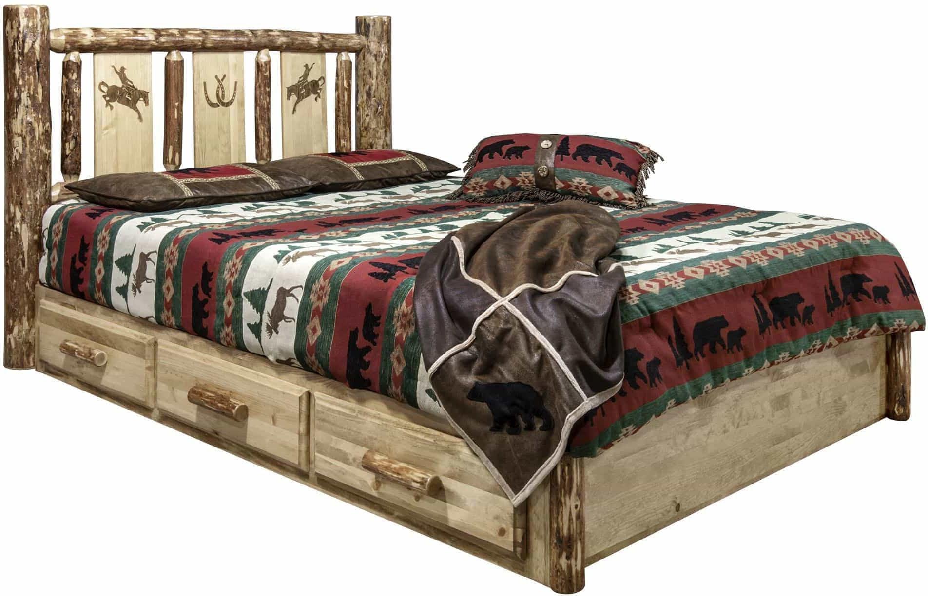 Montana Woodworks Glacier Country Collection King Storage Platform Bed with Laser Engraved Design-Rustic Furniture Marketplace