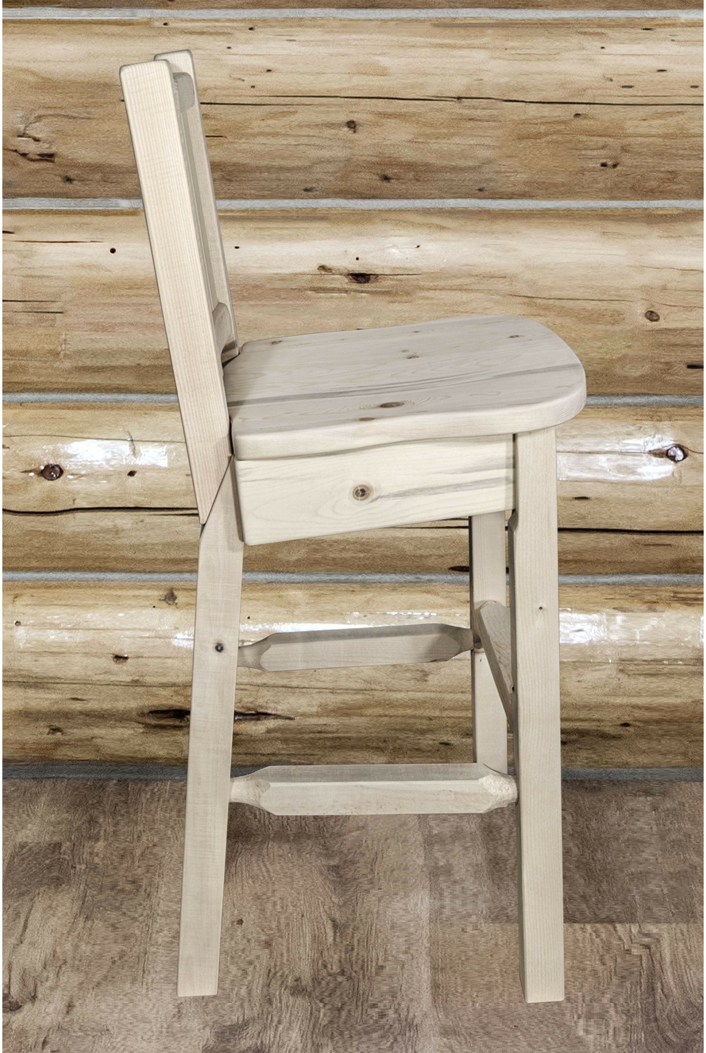 Montana Woodworks Homestead Collection Barstool with Back and Laser Engraved Design - Clear Lacquer Finish-Rustic Furniture Marketplace