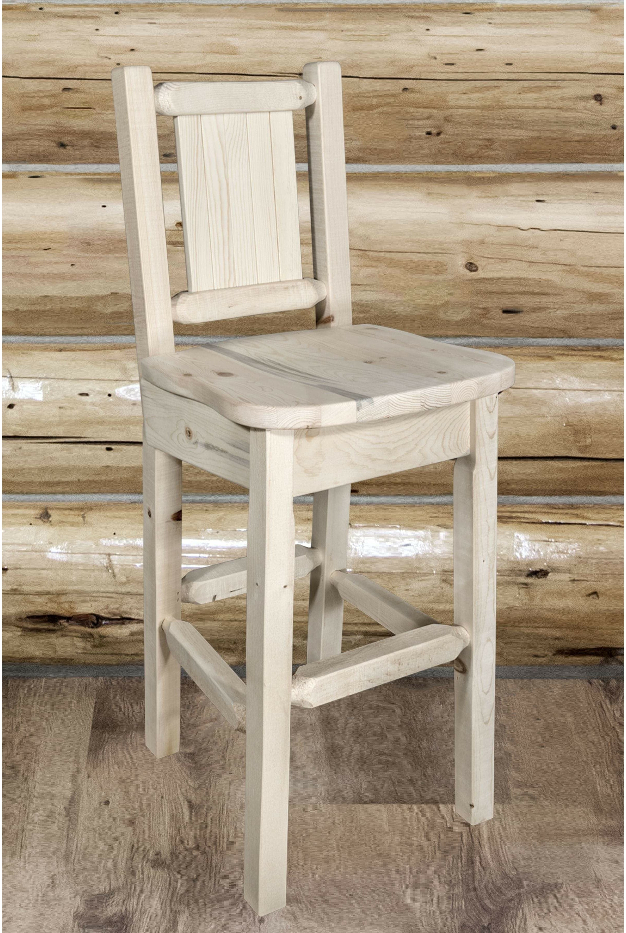 Montana Woodworks Homestead Collection Barstool with Back and Laser Engraved Design - Clear Lacquer Finish-Rustic Furniture Marketplace