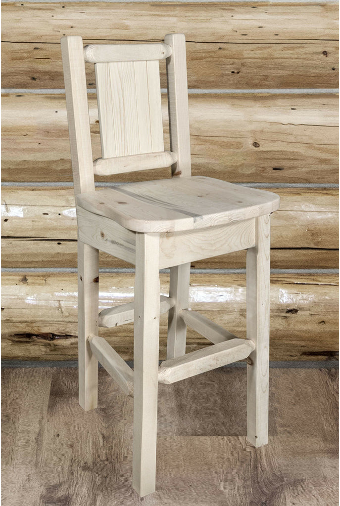 Montana Woodworks Homestead Collection Barstool with Back and Laser Engraved Design - Clear Lacquer Finish-Rustic Furniture Marketplace