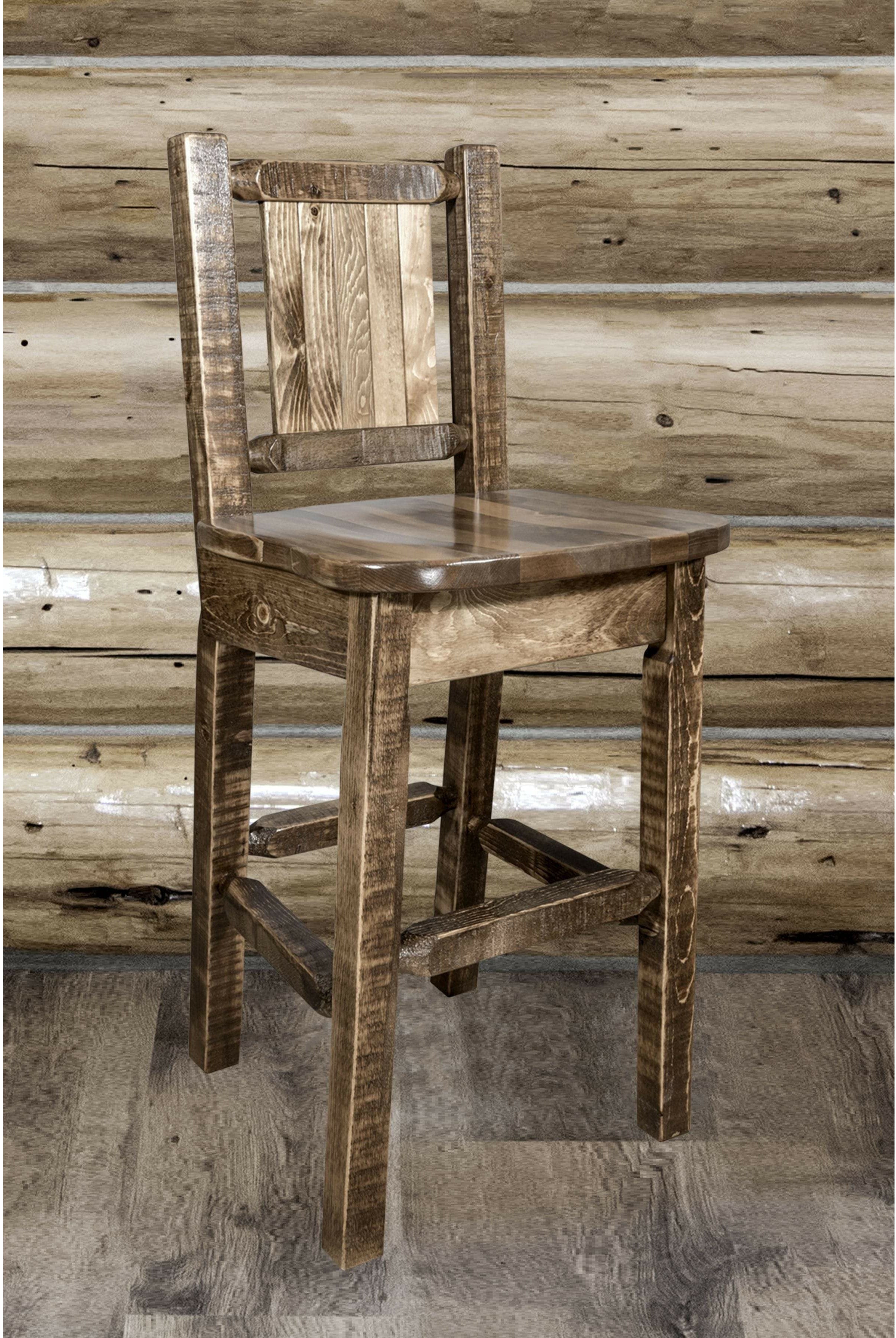 Montana Woodworks Homestead Collection Barstool with Back and Laser Engraved Design - Stain & Lacquer Finish-Rustic Furniture Marketplace