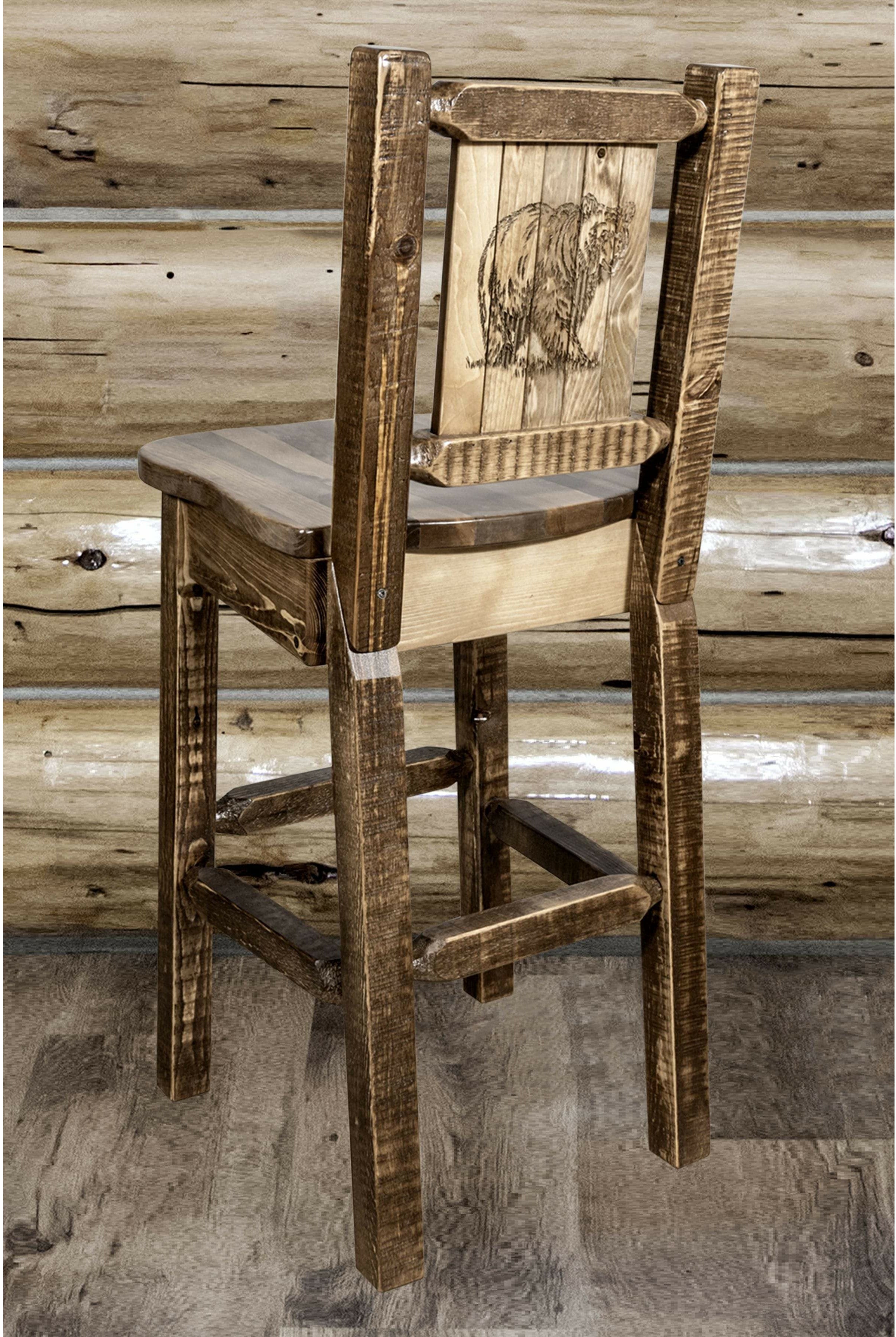 Montana Woodworks Homestead Collection Barstool with Back and Laser Engraved Design - Stain & Lacquer Finish-Rustic Furniture Marketplace