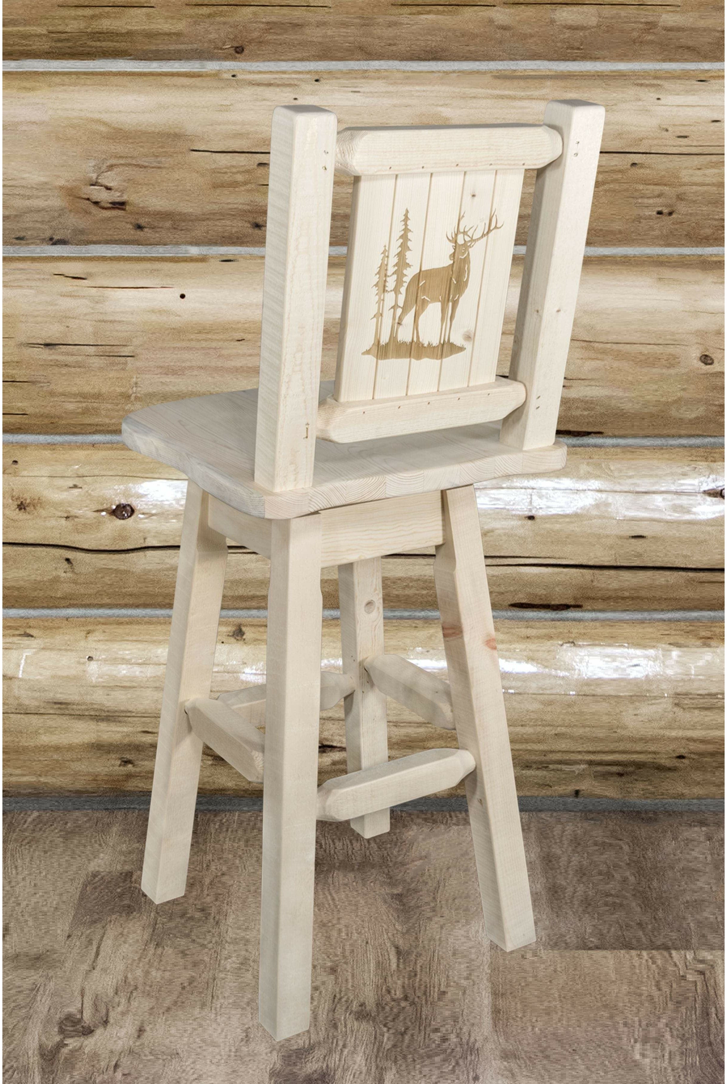 Montana Woodworks Homestead Collection Barstool with Back & Swivel and Laser Engraved Design - Clear Lacquer Finish-Rustic Furniture Marketplace