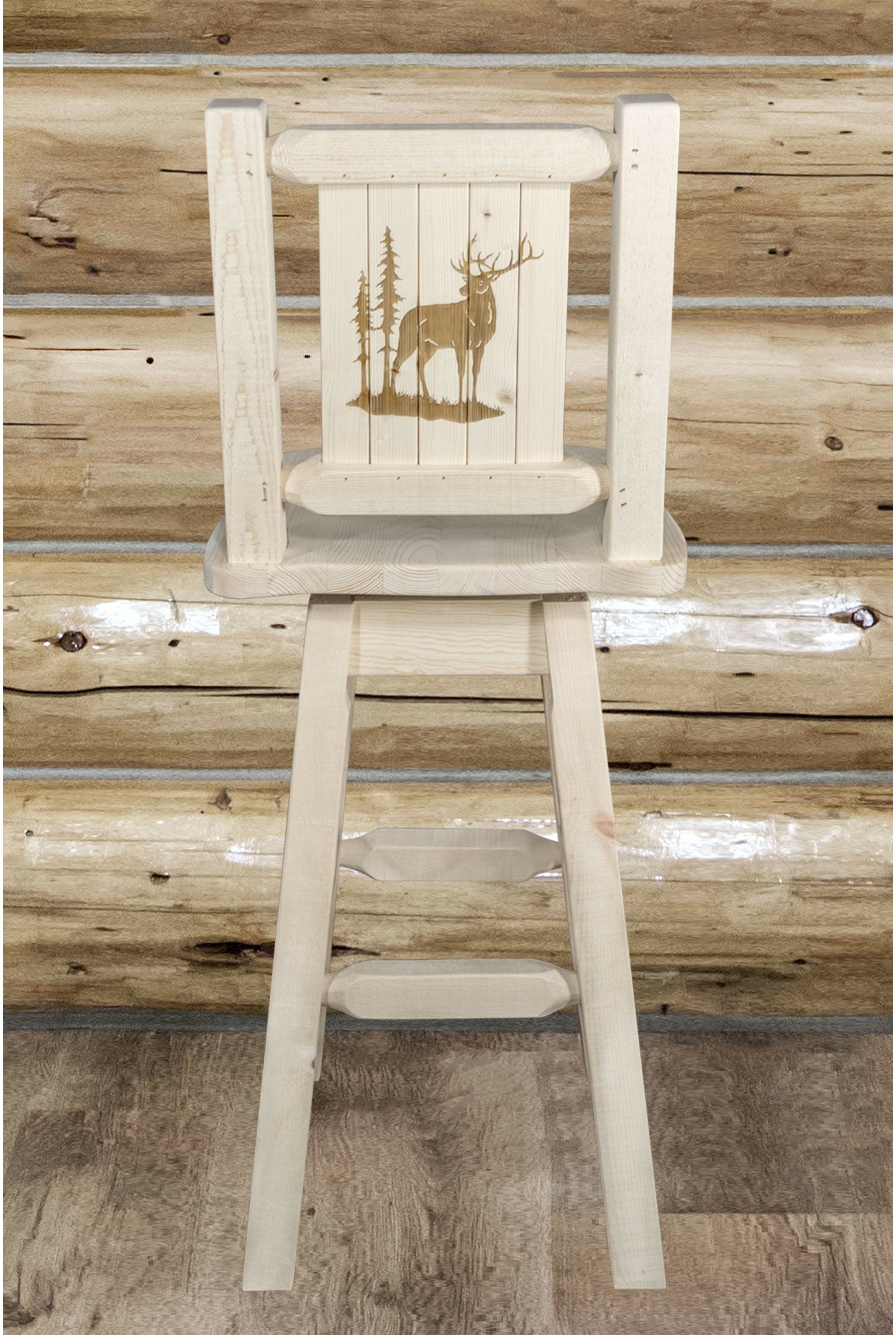 Montana Woodworks Homestead Collection Barstool with Back & Swivel and Laser Engraved Design - Clear Lacquer Finish-Rustic Furniture Marketplace