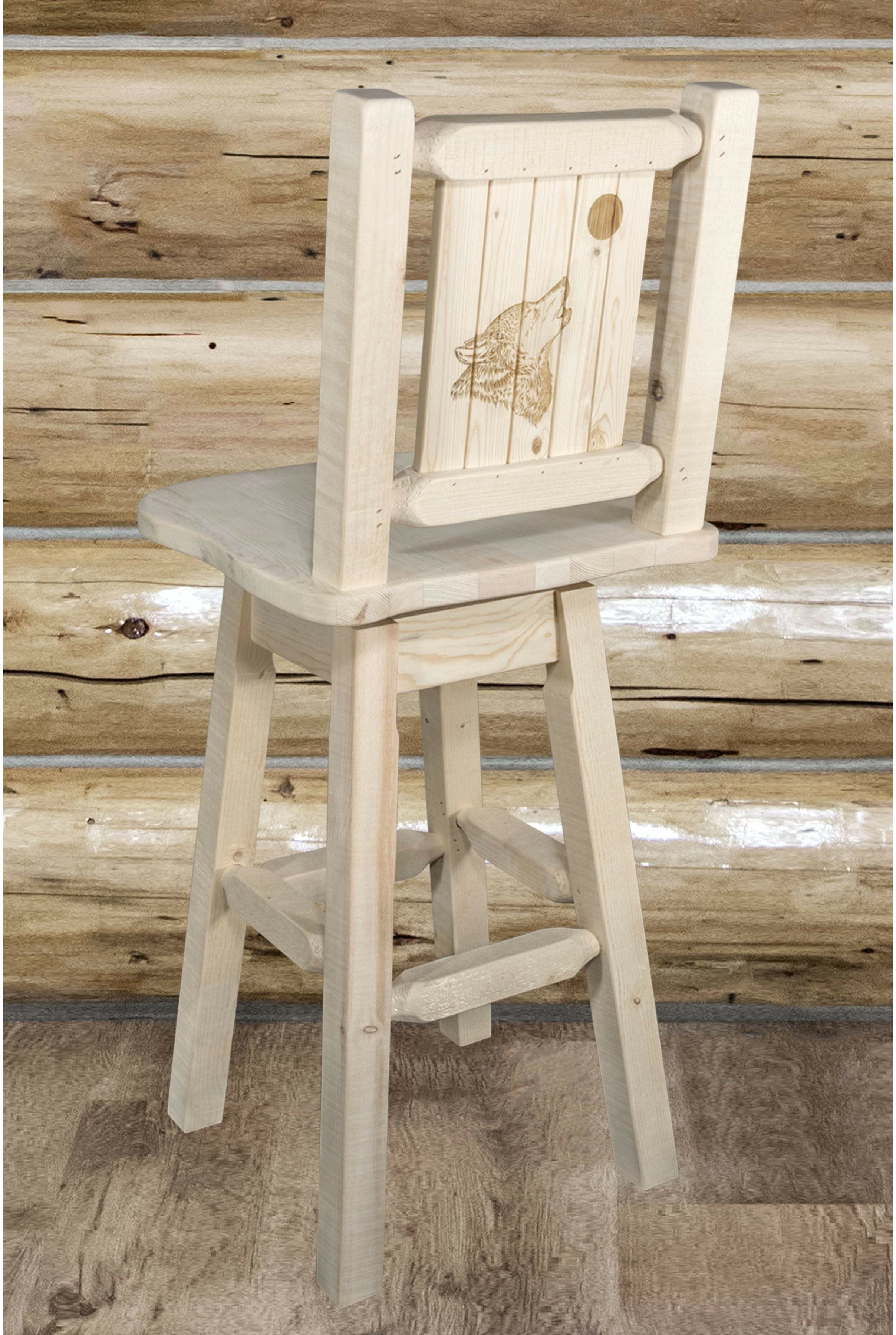 Montana Woodworks Homestead Collection Barstool with Back & Swivel and Laser Engraved Design - Clear Lacquer Finish-Rustic Furniture Marketplace