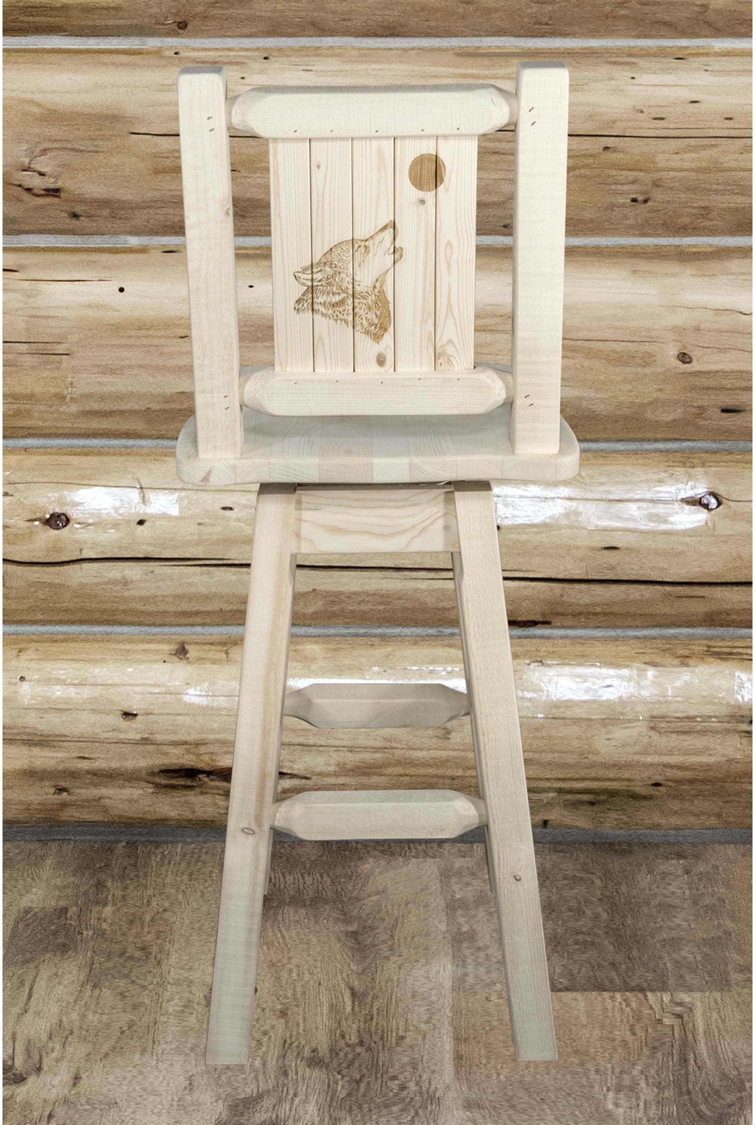 Montana Woodworks Homestead Collection Barstool with Back & Swivel and Laser Engraved Design - Clear Lacquer Finish-Rustic Furniture Marketplace