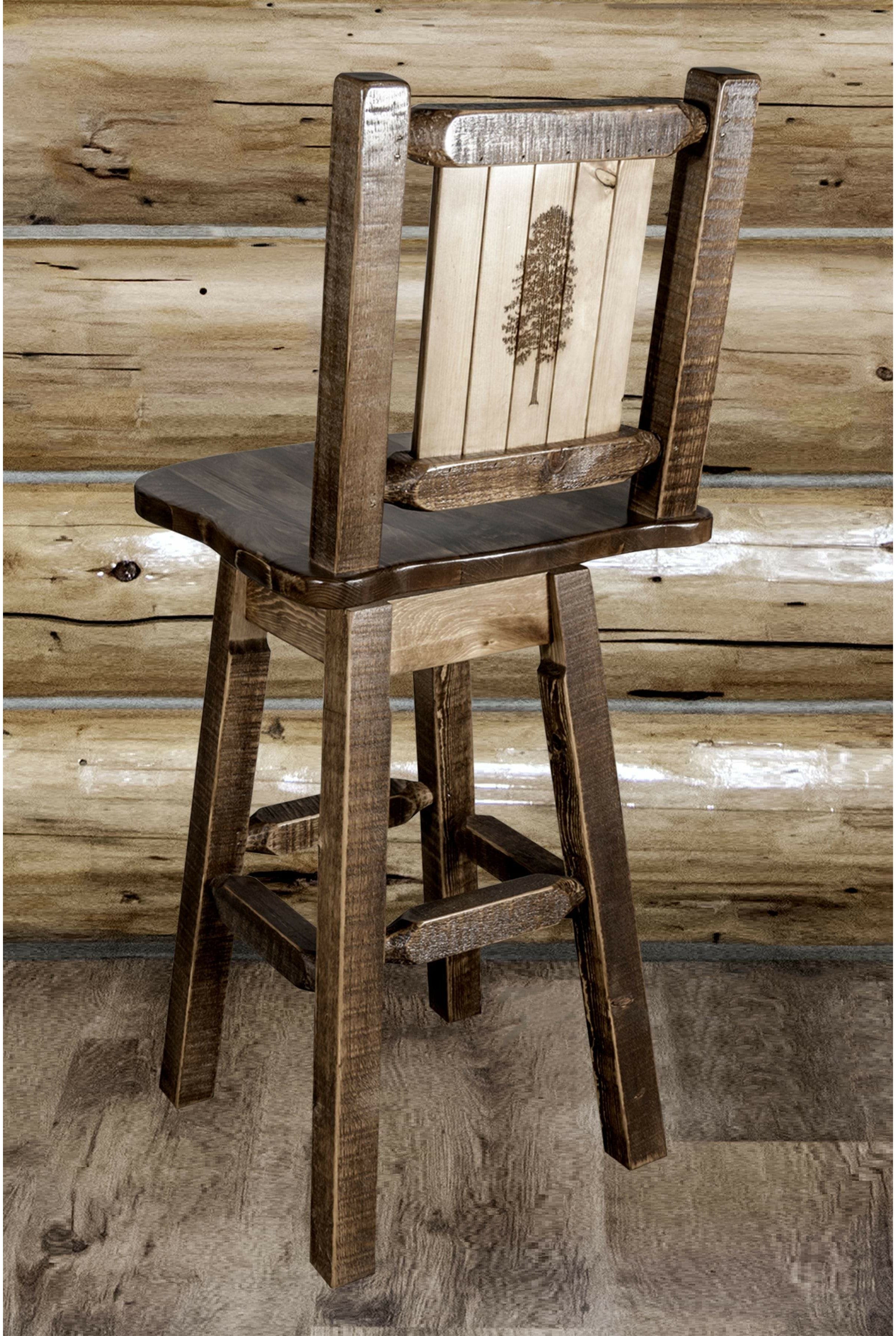 Montana Woodworks Homestead Collection Barstool with Back & Swivel and Laser Engraved Design - Stain & Lacquer Finish-Rustic Furniture Marketplace