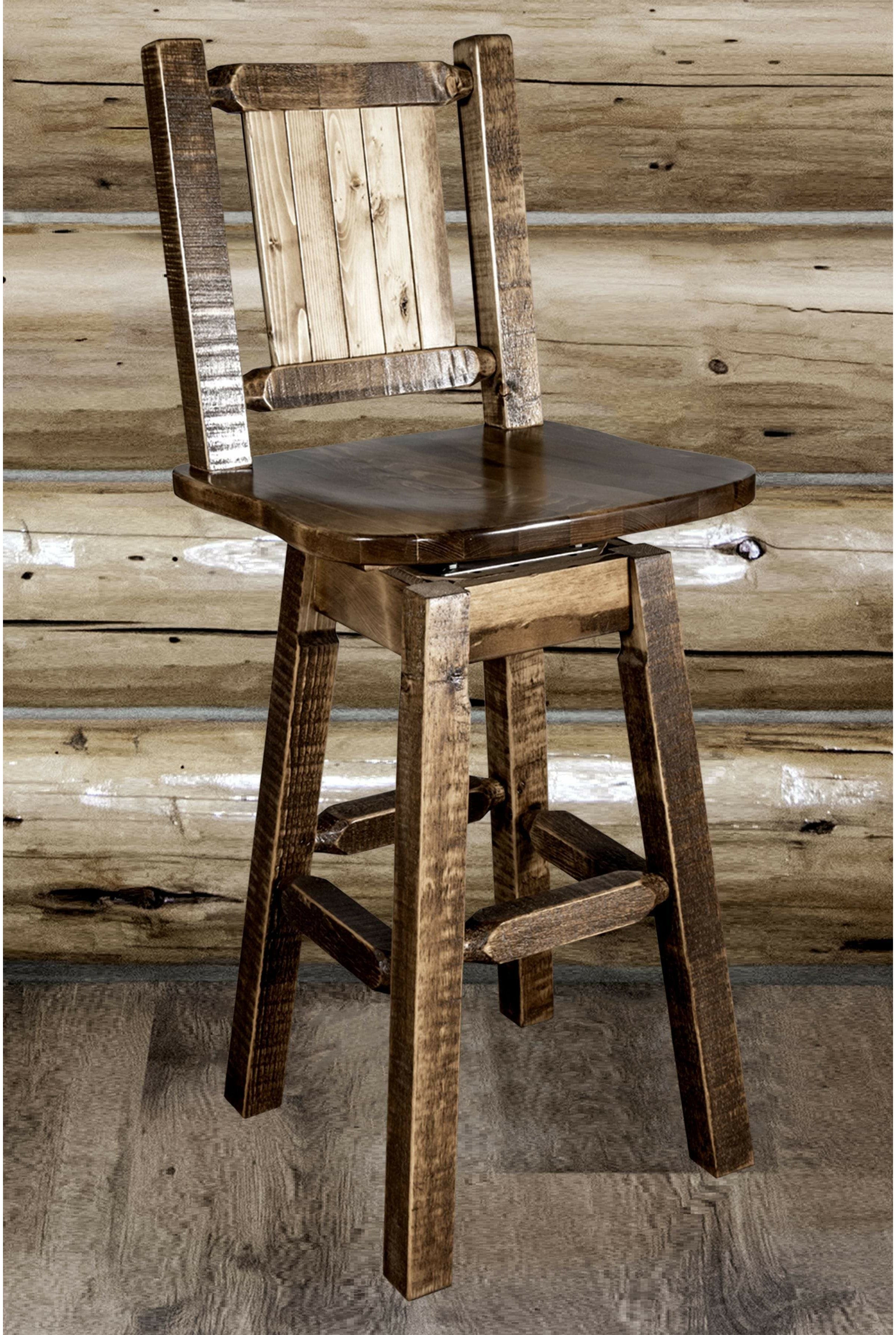 Montana Woodworks Homestead Collection Barstool with Back & Swivel and Laser Engraved Design - Stain & Lacquer Finish-Rustic Furniture Marketplace