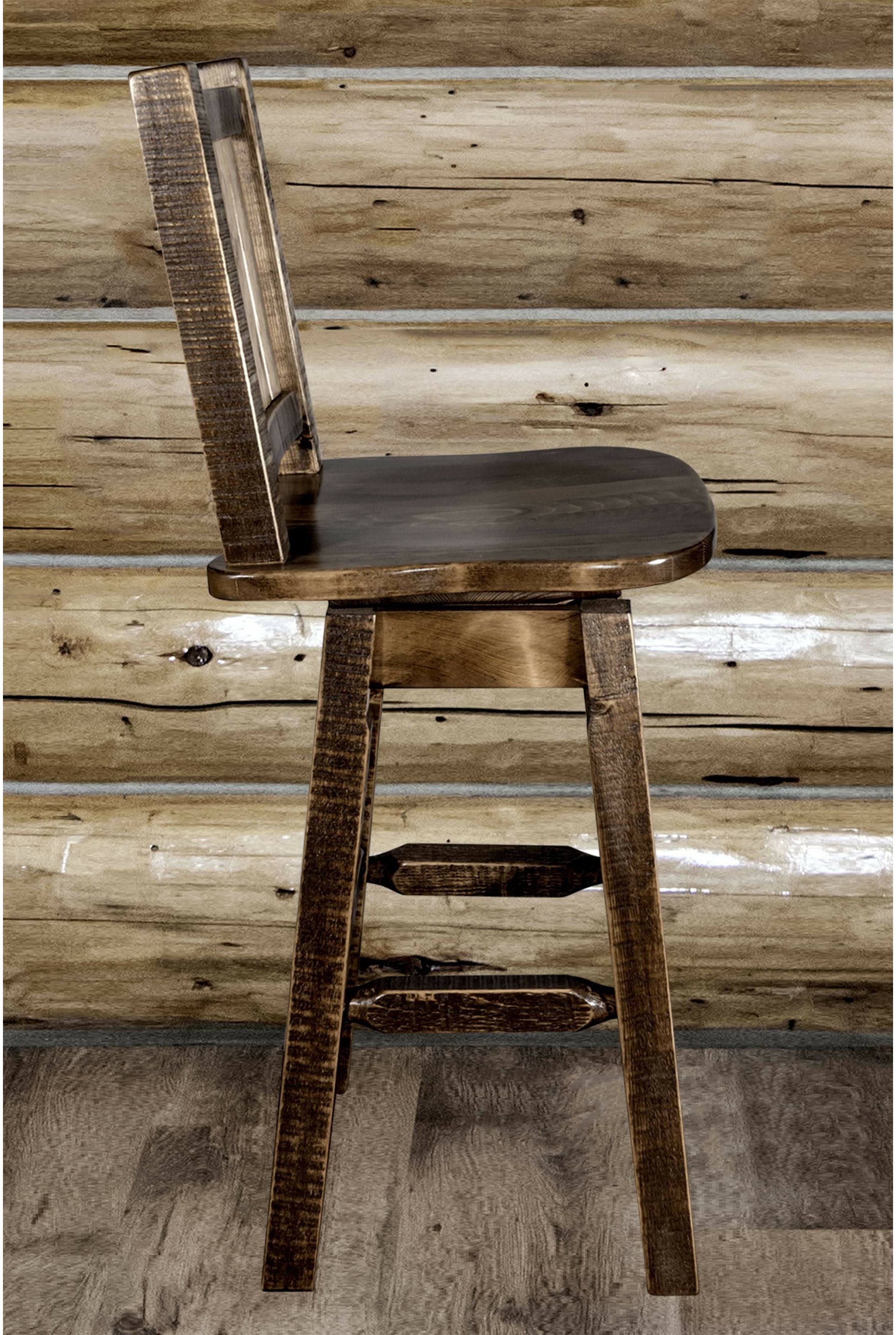 Montana Woodworks Homestead Collection Barstool with Back & Swivel and Laser Engraved Design - Stain & Lacquer Finish-Rustic Furniture Marketplace