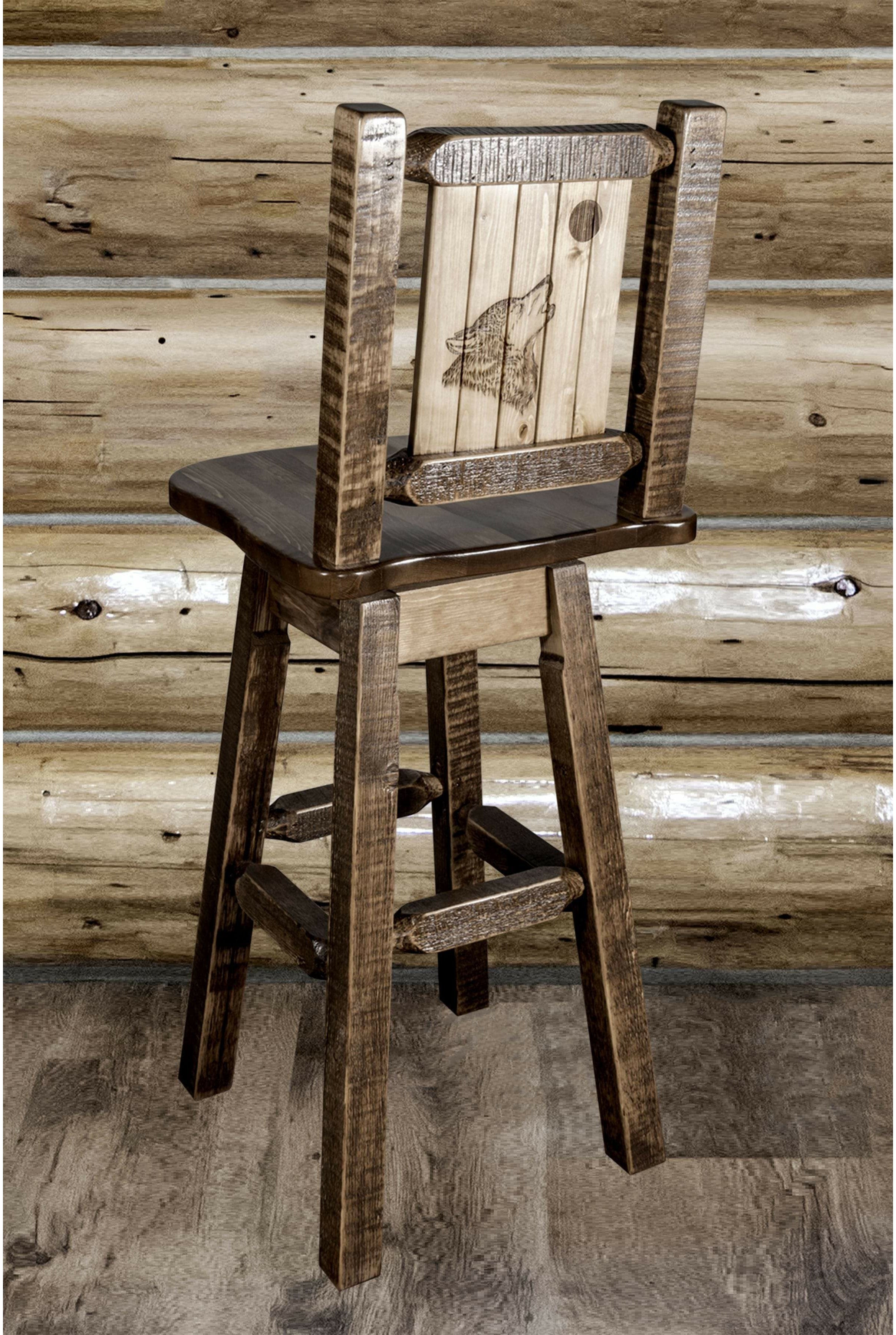 Montana Woodworks Homestead Collection Barstool with Back & Swivel and Laser Engraved Design - Stain & Lacquer Finish-Rustic Furniture Marketplace