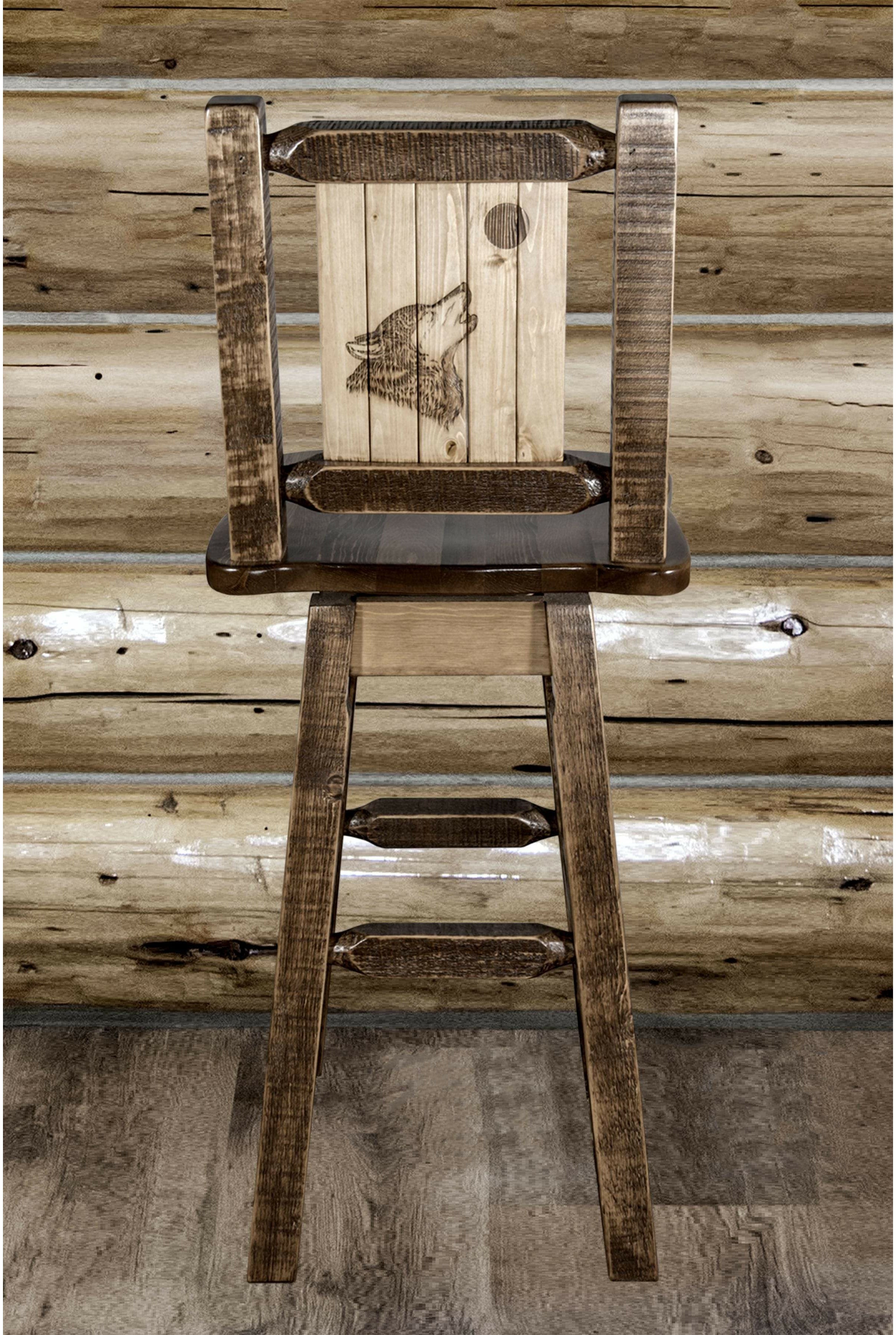 Montana Woodworks Homestead Collection Barstool with Back & Swivel and Laser Engraved Design - Stain & Lacquer Finish-Rustic Furniture Marketplace