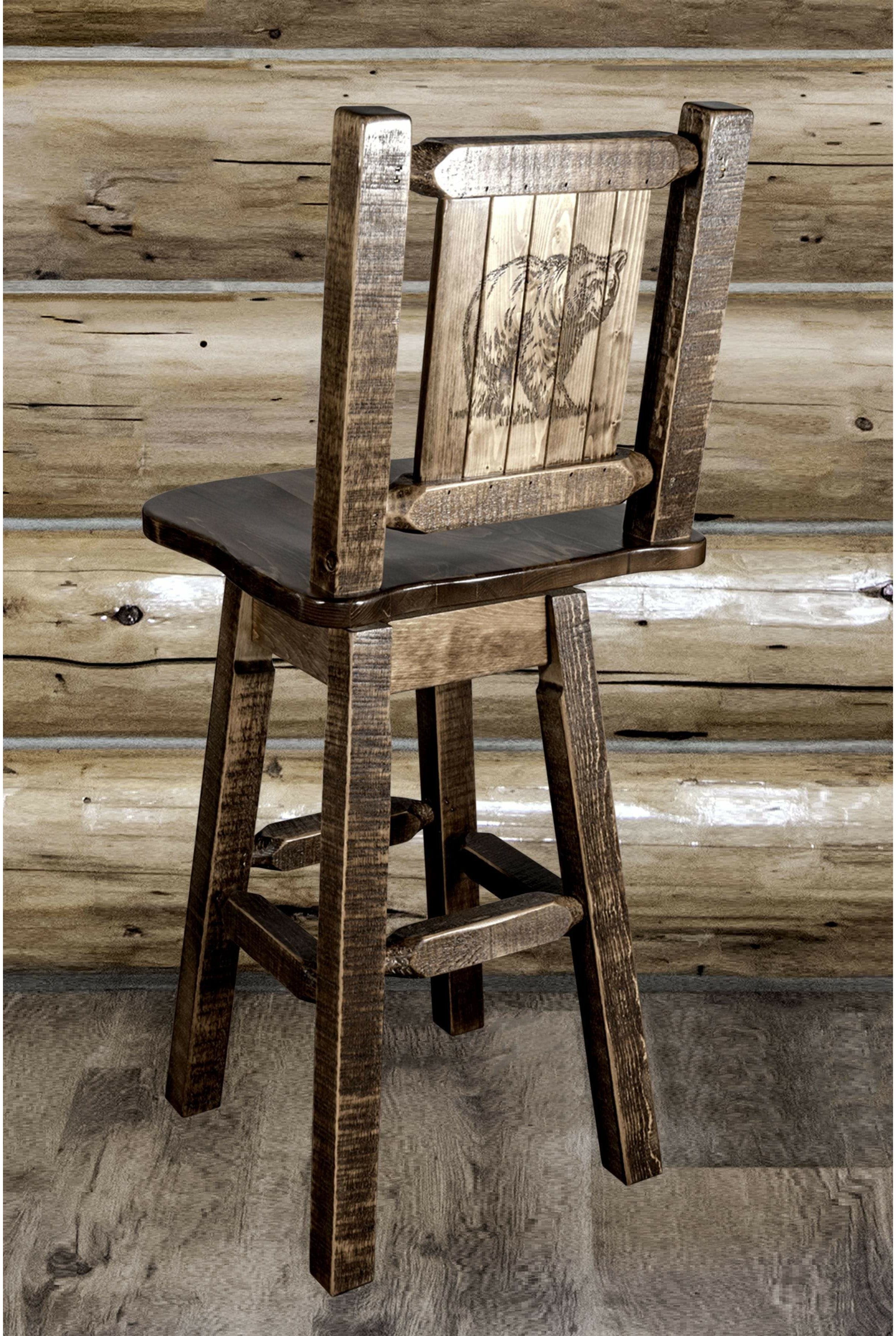 Montana Woodworks Homestead Collection Barstool with Back & Swivel and Laser Engraved Design - Stain & Lacquer Finish-Rustic Furniture Marketplace