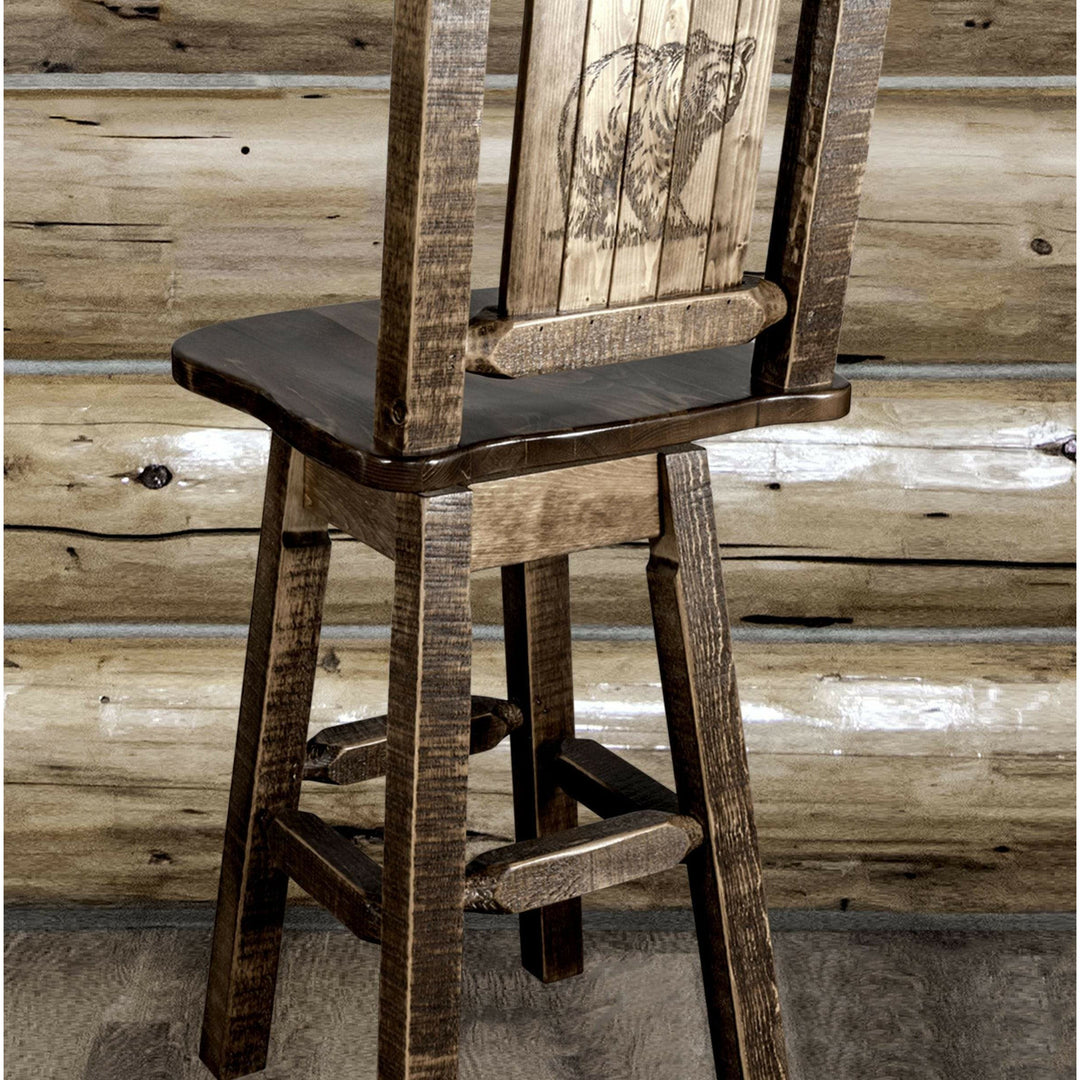 Montana Woodworks Homestead Collection Barstool with Back & Swivel and Laser Engraved Design - Stain & Lacquer Finish-Rustic Furniture Marketplace