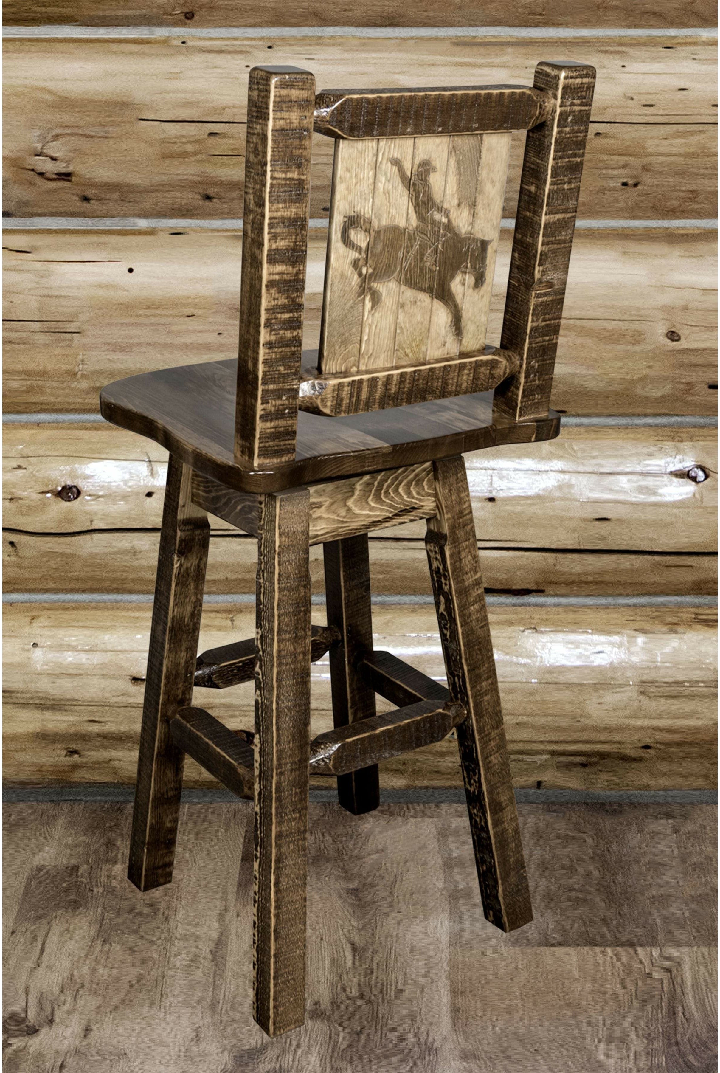 Montana Woodworks Homestead Collection Barstool with Back & Swivel and Laser Engraved Design - Stain & Lacquer Finish-Rustic Furniture Marketplace