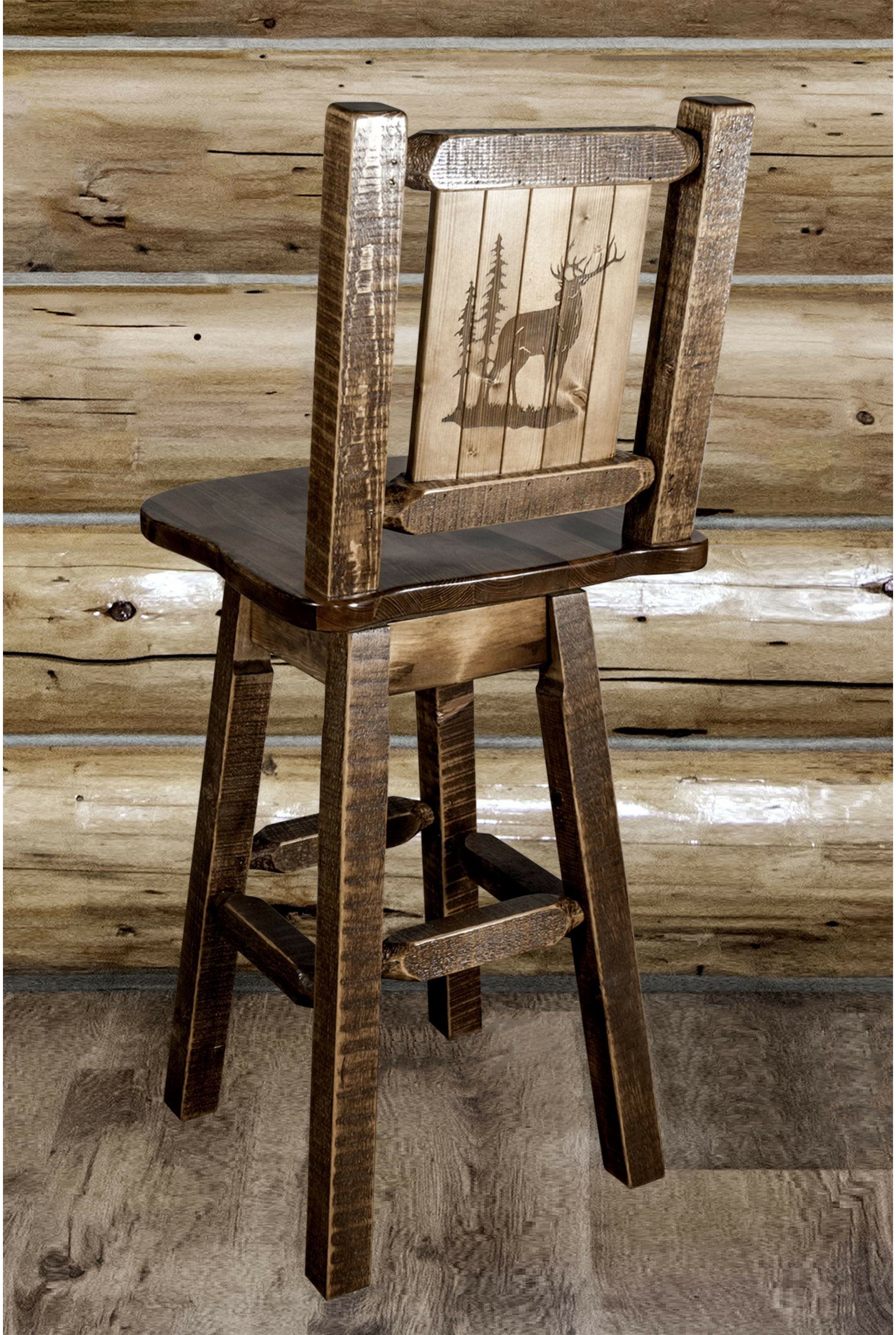 Montana Woodworks Homestead Collection Barstool with Back & Swivel and Laser Engraved Design - Stain & Lacquer Finish-Rustic Furniture Marketplace