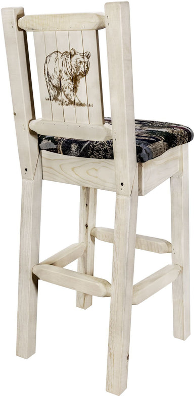 Montana Woodworks Homestead Collection Barstool Woodland Upholstery with Laser Engraved Design - Clear Lacquer Finish-Rustic Furniture Marketplace