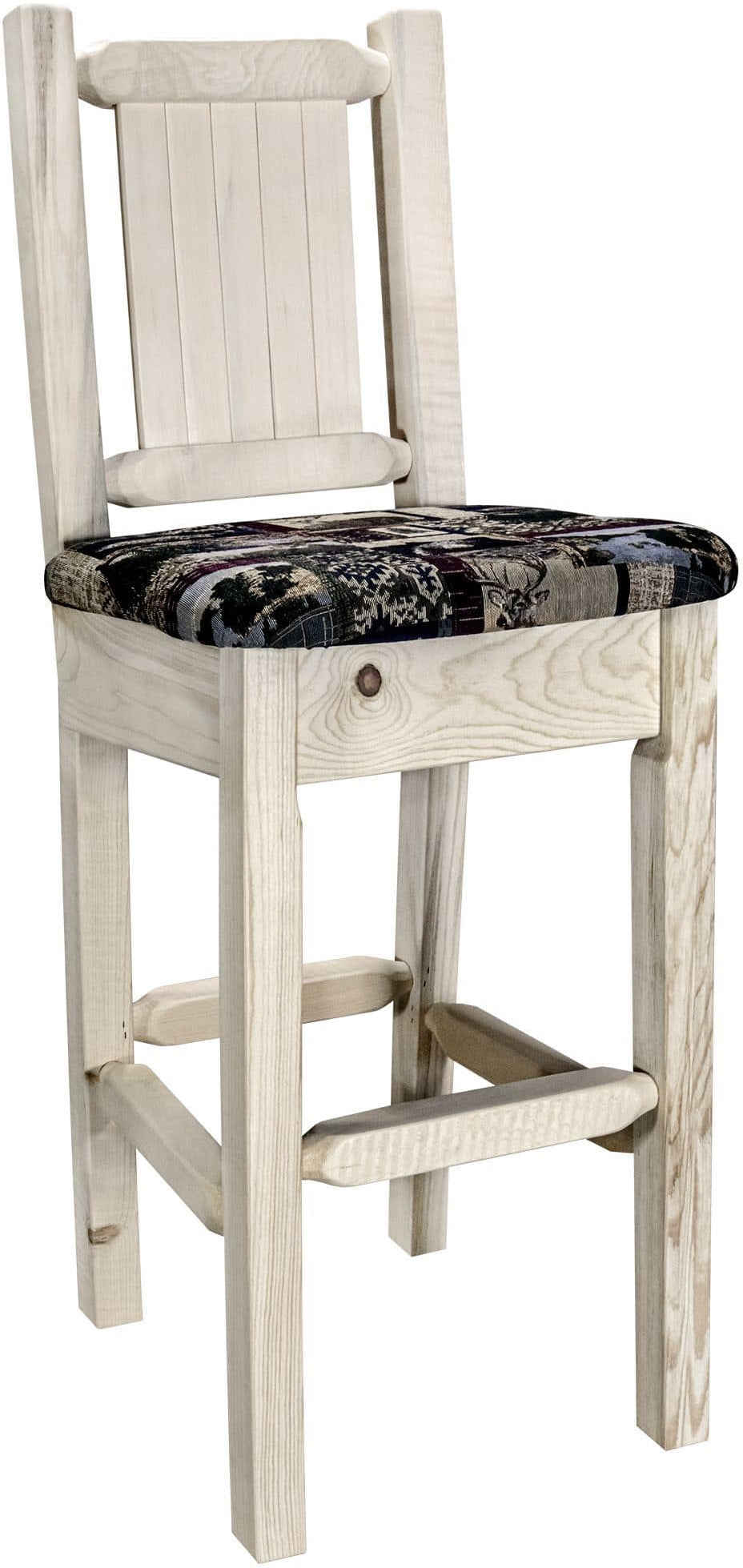 Montana Woodworks Homestead Collection Barstool Woodland Upholstery with Laser Engraved Design - Clear Lacquer Finish-Rustic Furniture Marketplace