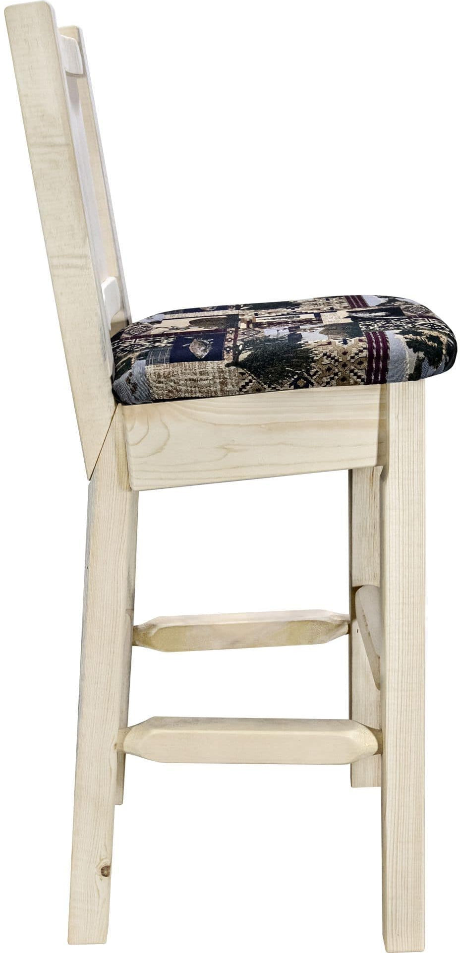 Montana Woodworks Homestead Collection Barstool Woodland Upholstery with Laser Engraved Design - Clear Lacquer Finish-Rustic Furniture Marketplace