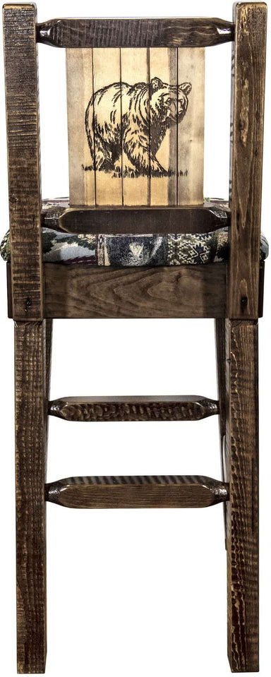 Montana Woodworks Homestead Collection Barstool Woodland Upholstery with Laser Engraved Design - Stain & Lacquer Finish-Rustic Furniture Marketplace