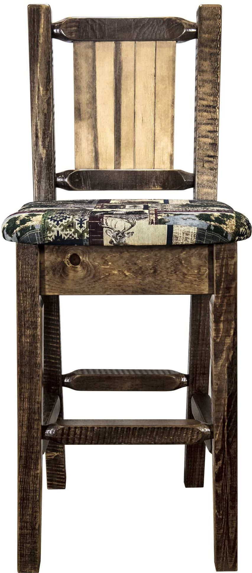 Montana Woodworks Homestead Collection Barstool Woodland Upholstery with Laser Engraved Design - Stain & Lacquer Finish-Rustic Furniture Marketplace