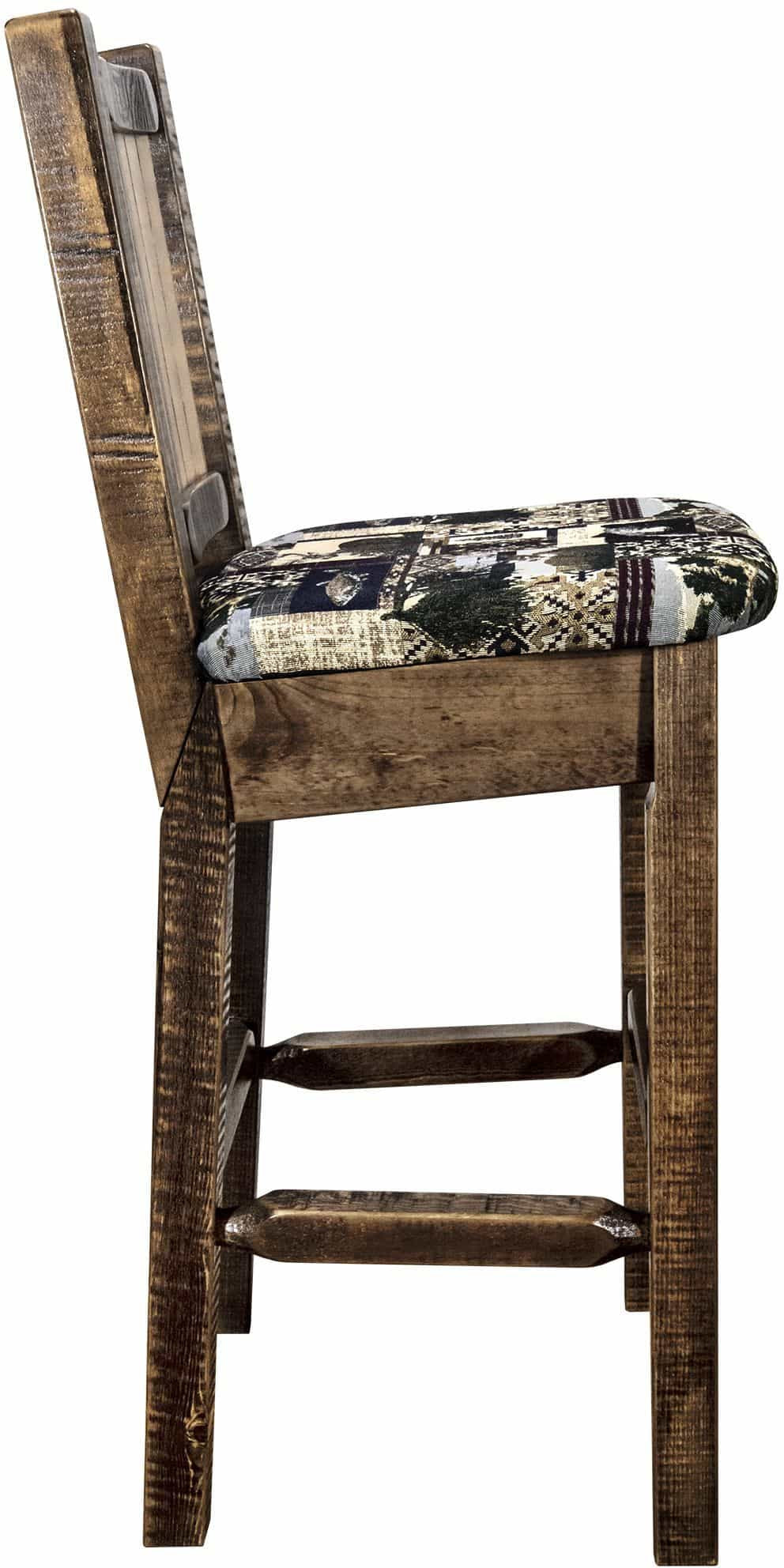 Montana Woodworks Homestead Collection Barstool Woodland Upholstery with Laser Engraved Design - Stain & Lacquer Finish-Rustic Furniture Marketplace