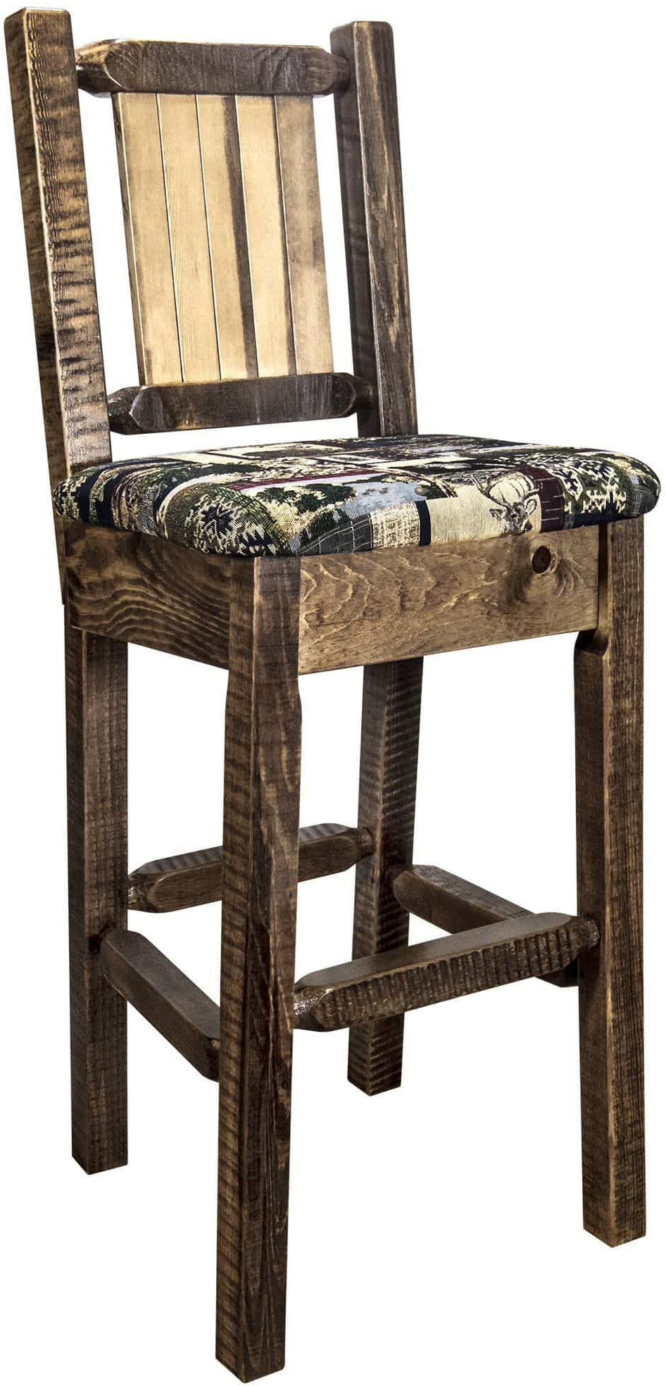 Montana Woodworks Homestead Collection Barstool Woodland Upholstery with Laser Engraved Design - Stain & Lacquer Finish-Rustic Furniture Marketplace