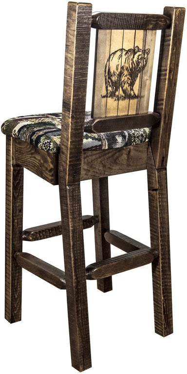 Montana Woodworks Homestead Collection Barstool Woodland Upholstery with Laser Engraved Design - Stain & Lacquer Finish-Rustic Furniture Marketplace