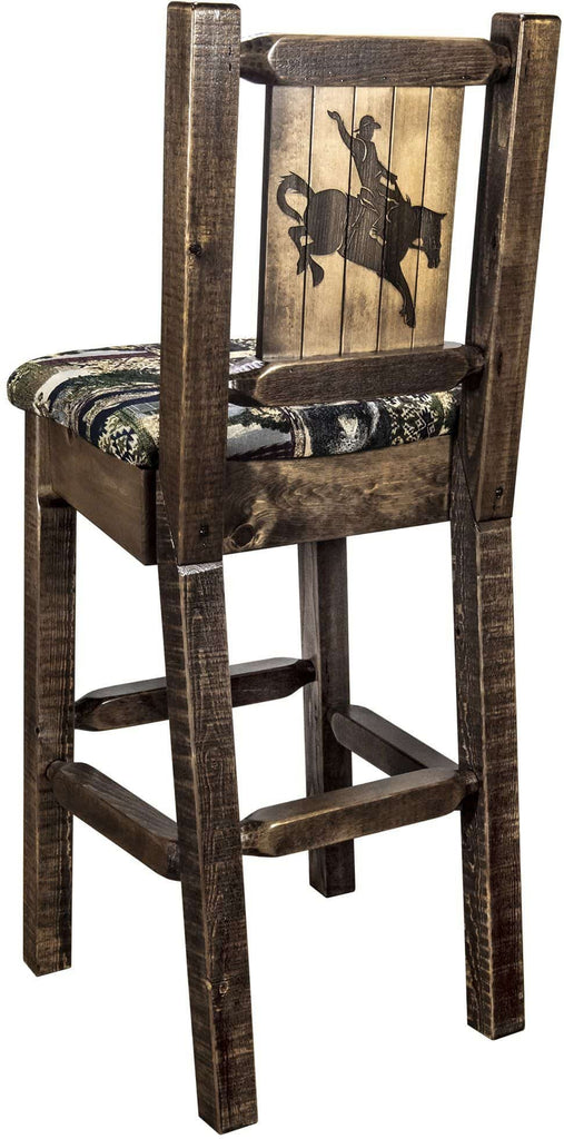 Montana Woodworks Homestead Collection Barstool Woodland Upholstery with Laser Engraved Design - Stain & Lacquer Finish-Rustic Furniture Marketplace