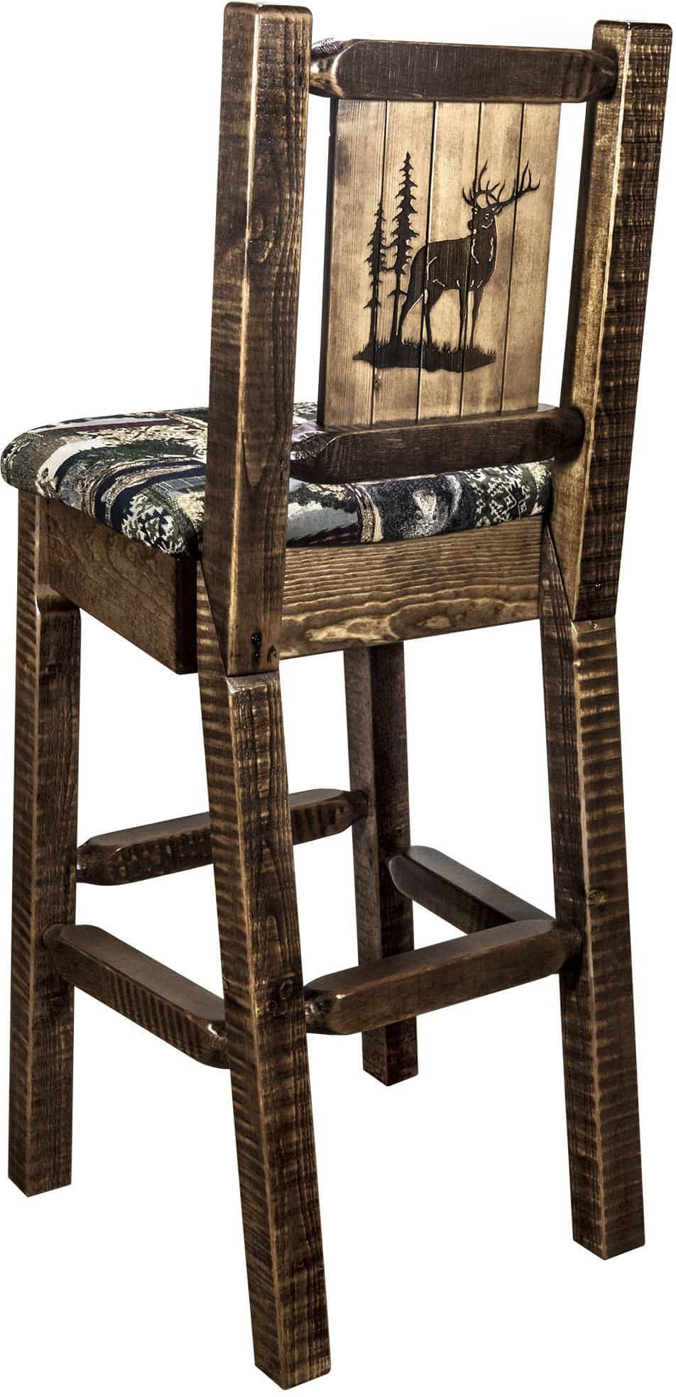 Montana Woodworks Homestead Collection Barstool Woodland Upholstery with Laser Engraved Design - Stain & Lacquer Finish-Rustic Furniture Marketplace