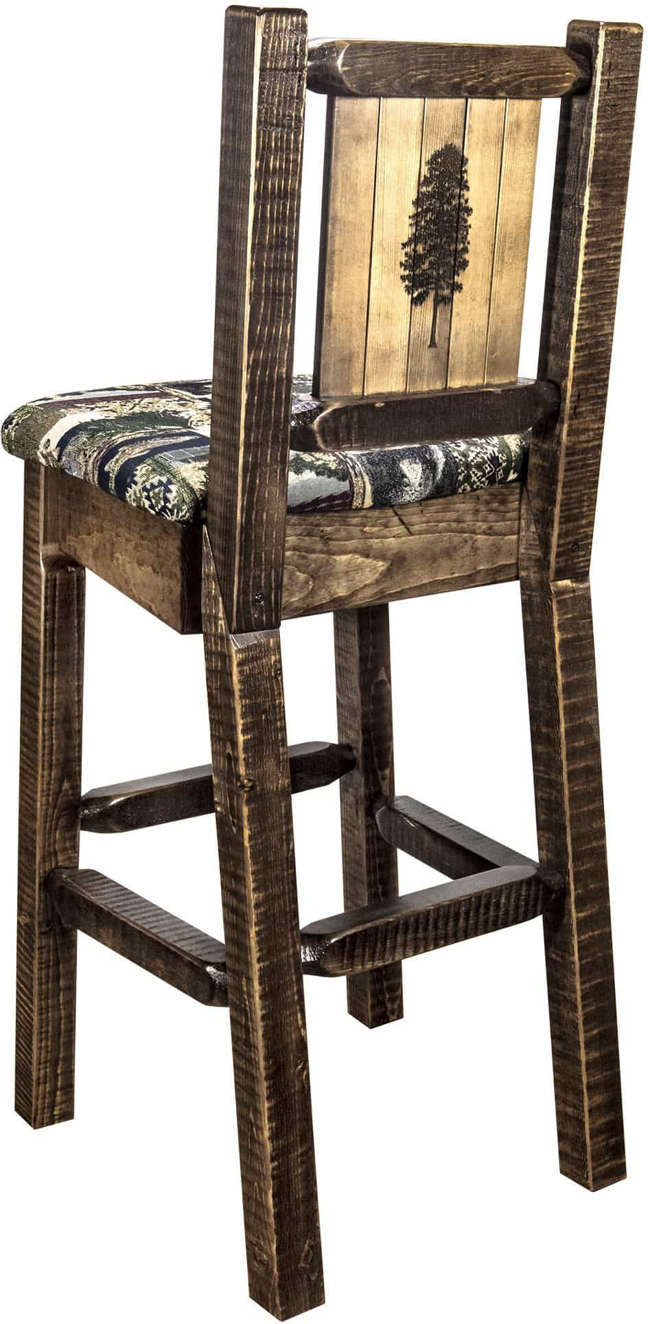 Montana Woodworks Homestead Collection Barstool Woodland Upholstery with Laser Engraved Design - Stain & Lacquer Finish-Rustic Furniture Marketplace